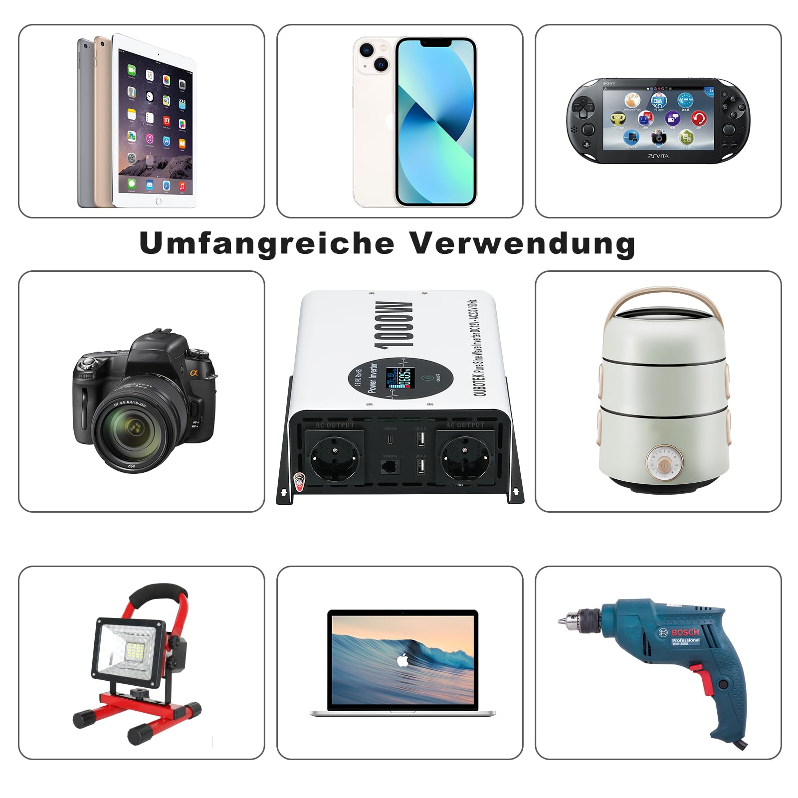 Wechselrichter 1000W / 2000W Reiner Sinus DC 12V auf AC 230V mit Drahtloser Fernbedienung LCD-Anzeige 2 AC-Steckdosen 2 USB A und 1 Type C, spannungswandler für Wohnmobil Zuhause Off Grid