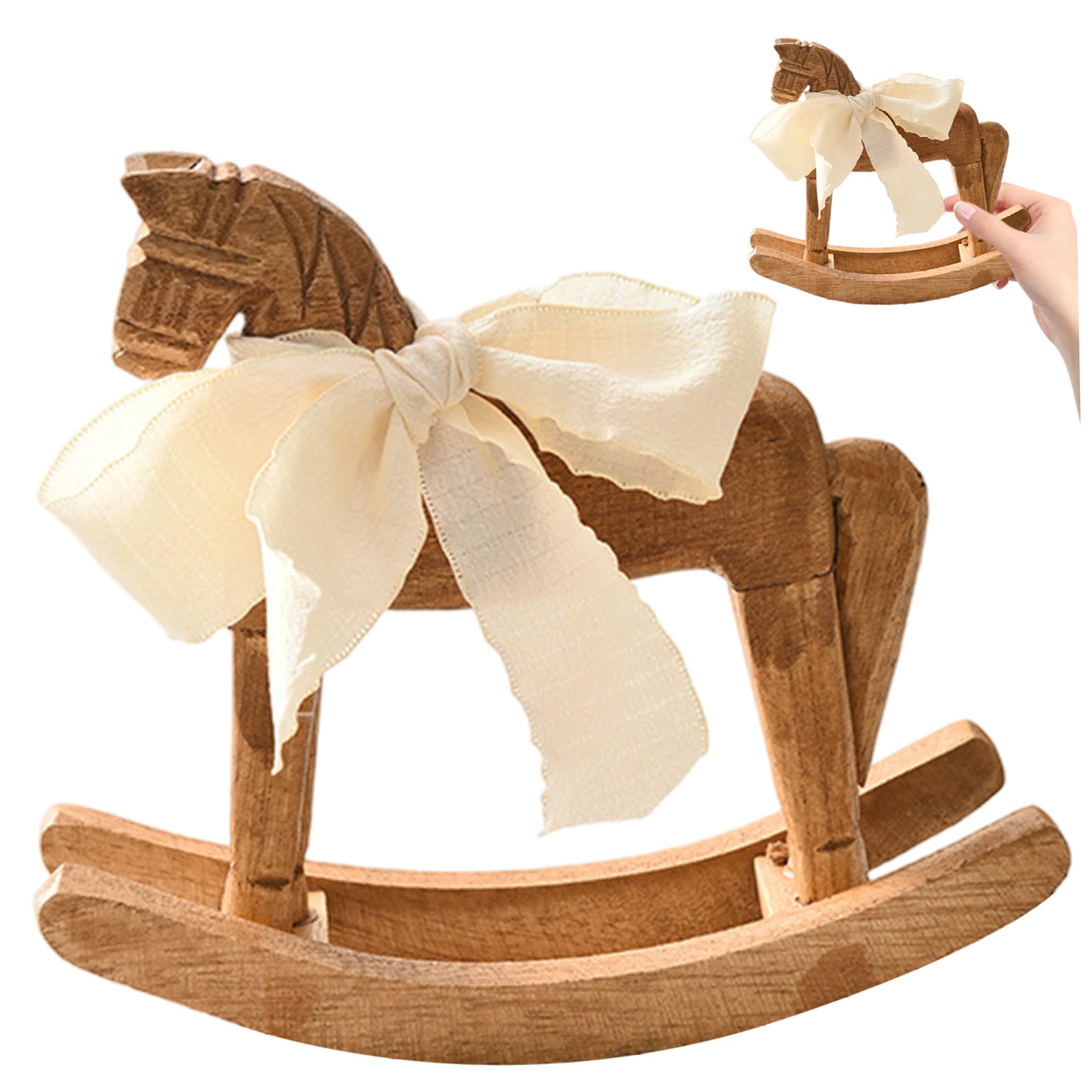 Cheval à Bascule en Bois avec Ruban Blanc, Décoration de Table Compacte 15x19 cm