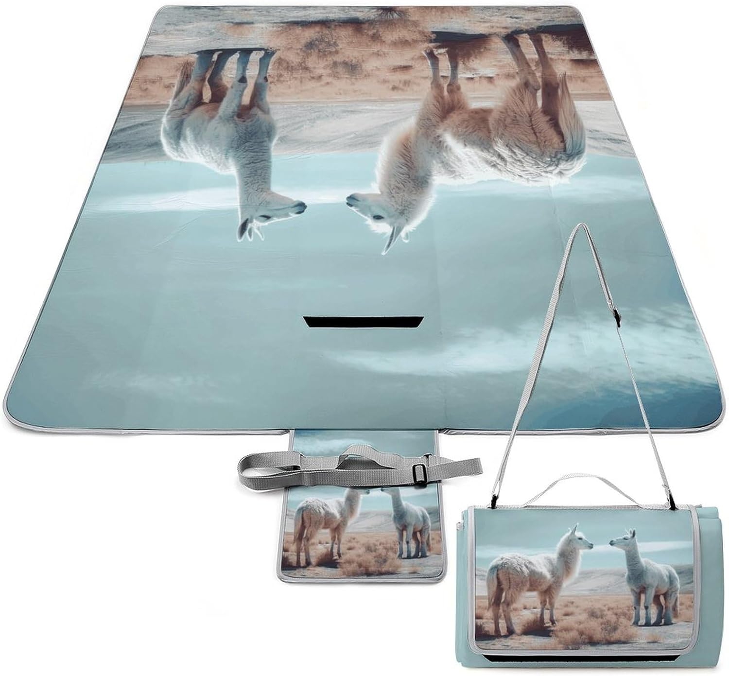 Alpaca on The Grass Waterproof Picnic Blanket 58.3''x58.3'',Portable and Foldable Picnic Mat with Handle,Outdoor Blankets for Lawn Park Beach Travel