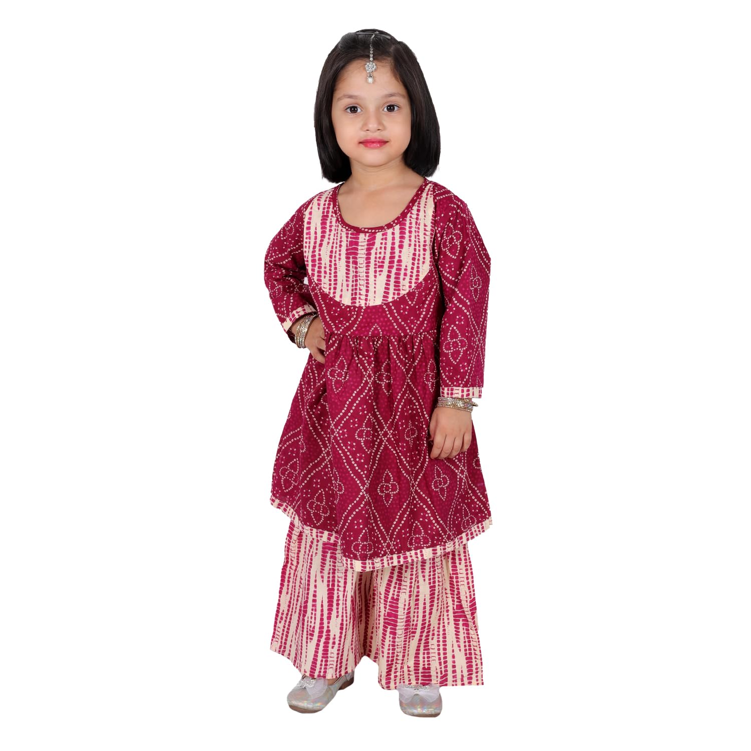 MOMaa Kids Ethnic Wear Round Neck 3/4th Sleeves Party & Festival Pure Cotton Kurta Sharara Set for Baby Girls