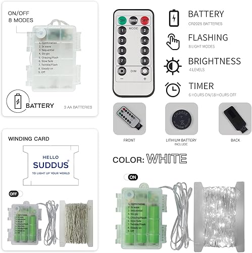Miniatura 7 de suddus Guirnalda de 200 luces LED para exteriores de 66 pies, funciona con pilas, con control remoto, luces LED parpadeantes para dormitorio,