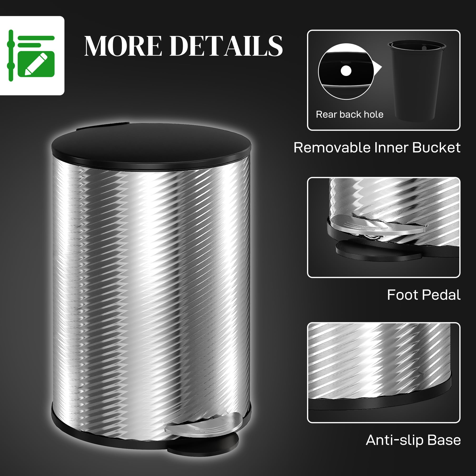 HOMCOM 20 Liter Kücheneimer, Edelstahl Treteimer mit Soft-Close-Deckel, Fingerabdruck-resistent, zylindrischer Mülleimer mit Fußpedal und herausnehmbarem Inneneimer, Silber