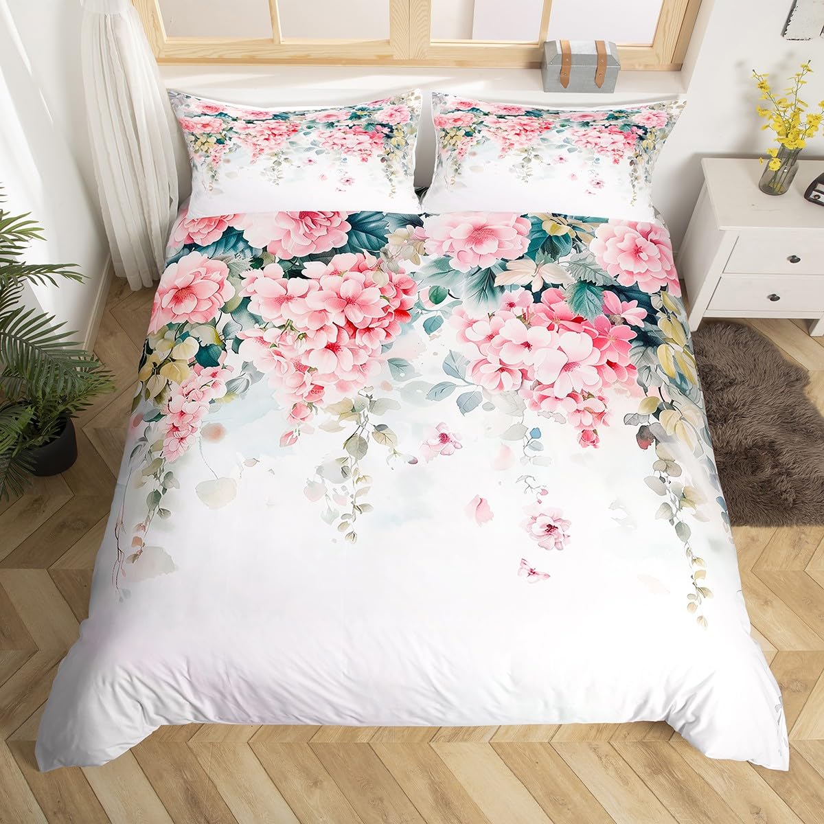 Homemissing Pink Flowers Duvet Cover Set Super King Size For Kids Girls Hanging Vine Floral Leaves Bedding Set Romantic Garden Flower Duvet Cover with 2 Pillowcases Blossom Flowers Pattern Bedding โ image 1