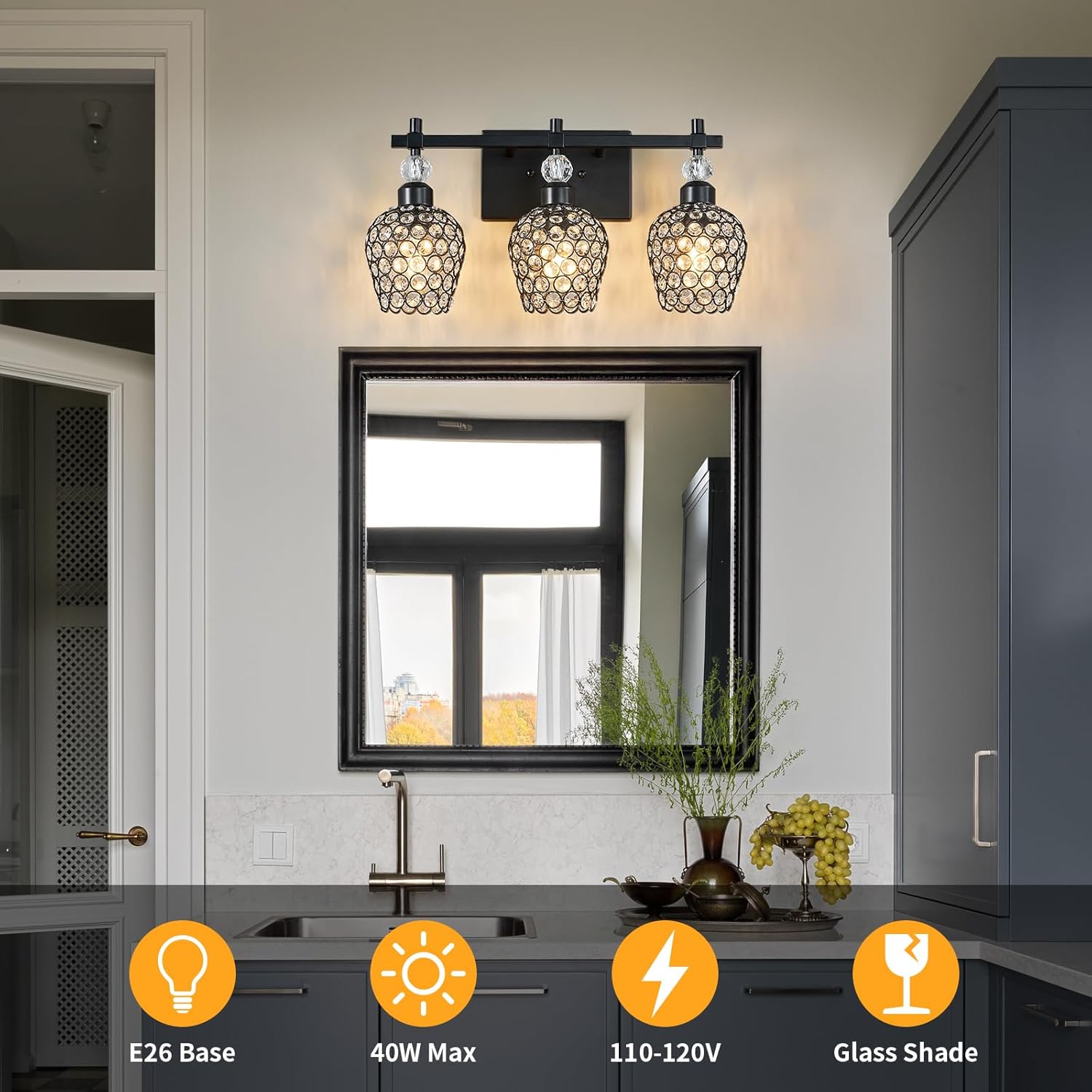 Modern Crystal Bathroom Light Fixtures - Black 3 Light Vanity Lighting with Crystal Wall Lamps Over Mirror