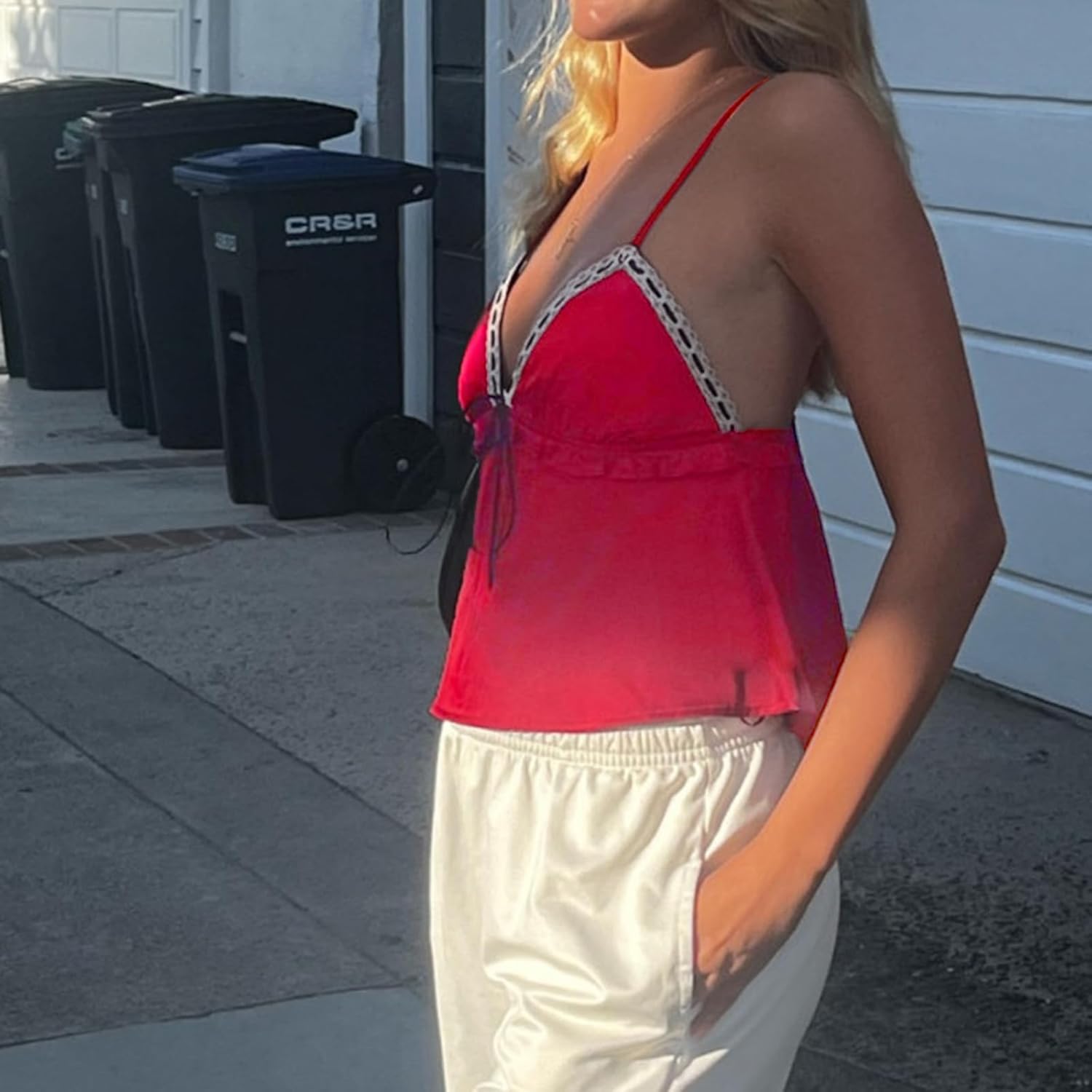 Women Polka Dot Cami Top Y2k Lace Trim Ruffled Hem Cami Top Adjustable Spaghetti Strap Polka Dot Bow Tie Camisole - Image 4