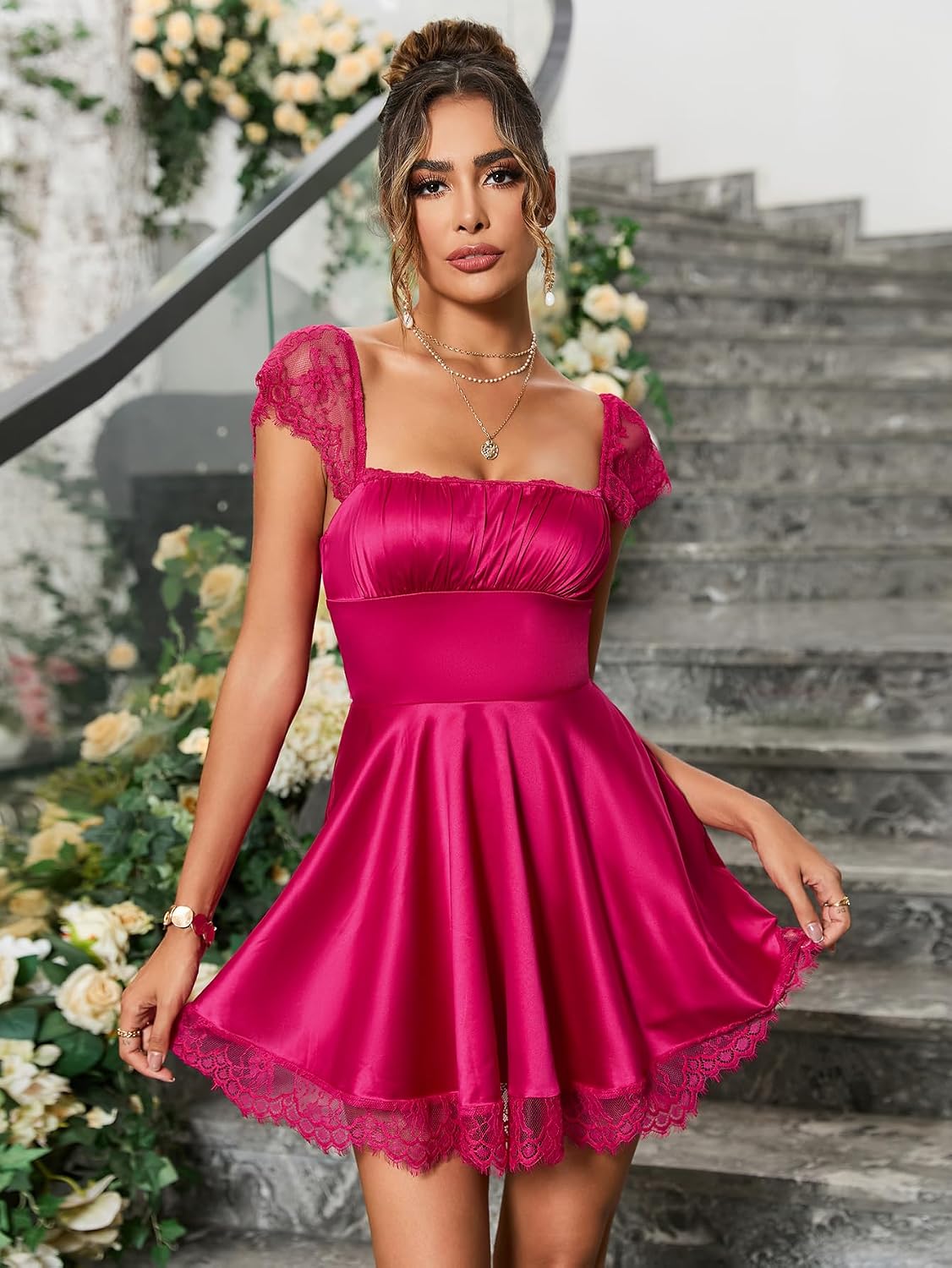 green emerald velvet dress Pink Floral Print Drawstring Tunic Flowy Short Dress