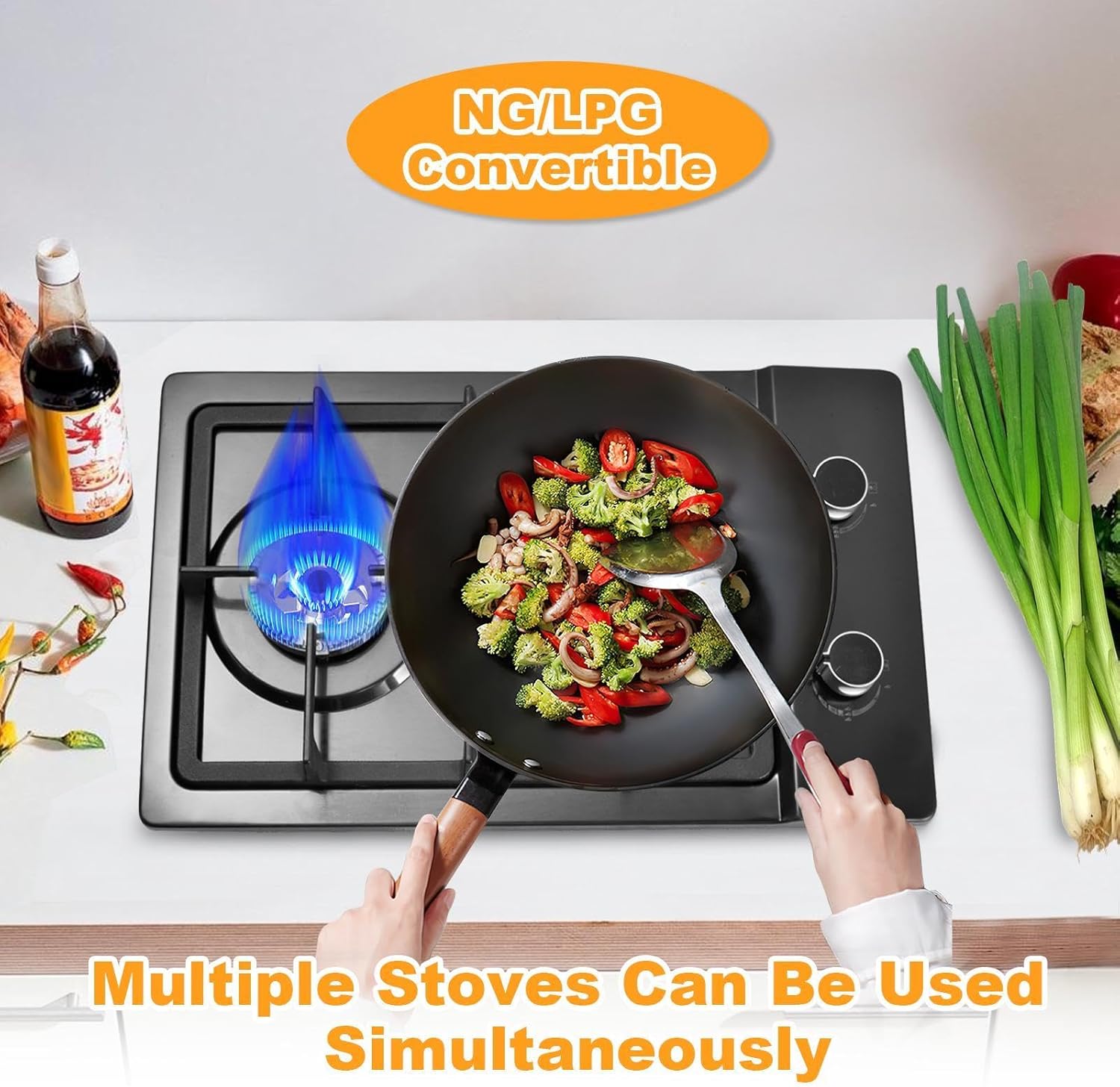 Gases Stove Top 20 Inch, Built-in Gases Cooktop 2 Burner, Black Tempered Glass Gases Range With NG/LPGS Conversion Kit, Kitchen Propane Cooktop With Portable Auto Ignition