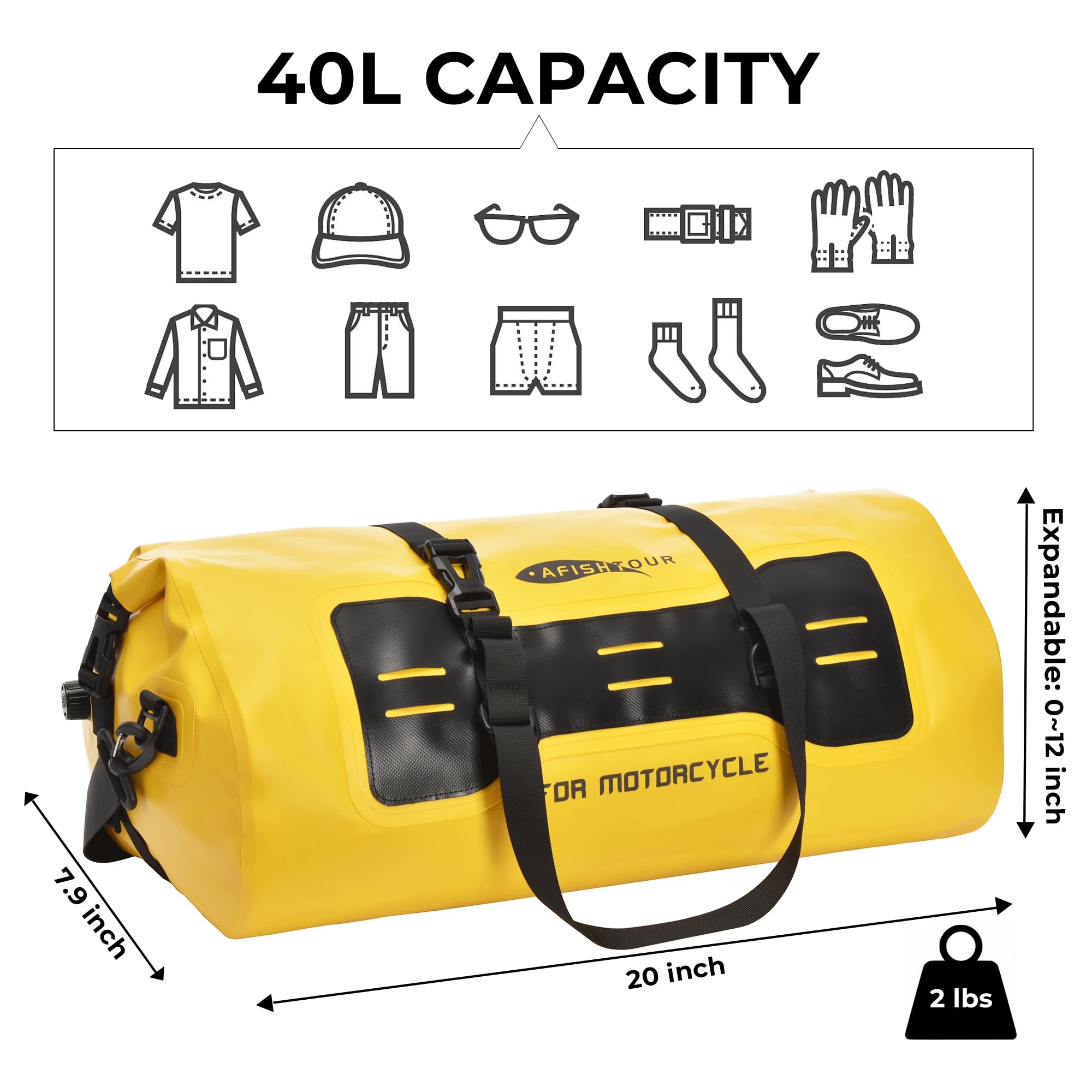 40L Waterproof Motorcycle Duffel Bag - Motorcycle Luggage Tail Bag with Straps for Back Seat - Roll Top Dry Bag for Kayaking, Rafting, Boating, Camping, Travel, Beach (Yellow)