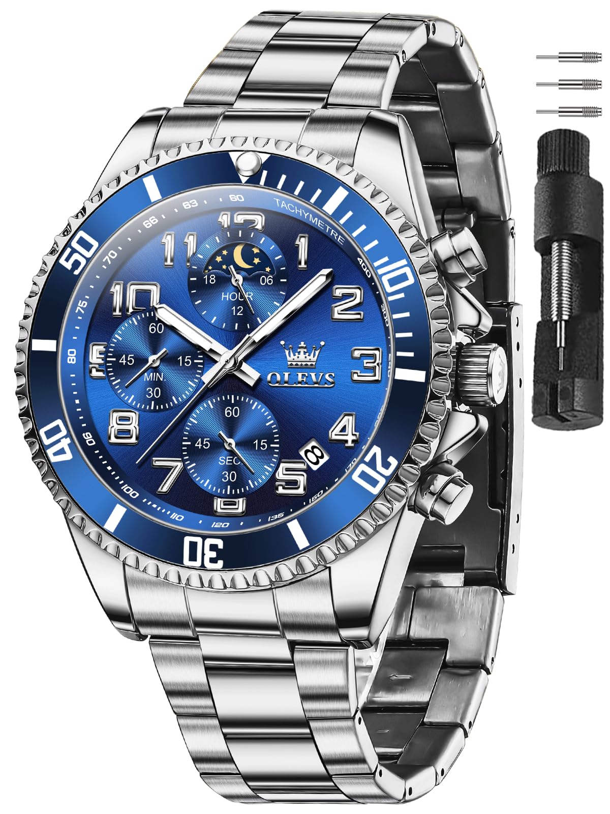 OLEVS Watches for Men Stainless Steel Dress Men Watch with Date Big Face Chronograph Waterproof Luxury Fashion Watch Blue/Black/Gold/Green/Silver Face Relojes para Hombres Silver Band Blue Face