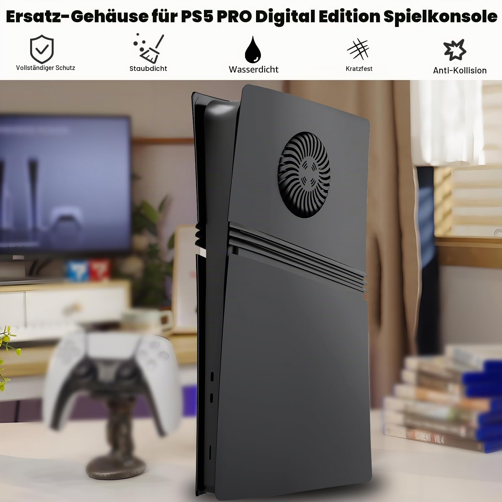 Faceplates für PS5 Pro Digital Edition, PS5 Pro Cover mit Kühlungsöffnung, ABS Anti-Scratch staubdicht Ersatz Seitenplatten Platte Case Shell für PlayStation 5 Pro Digital, Schwarz