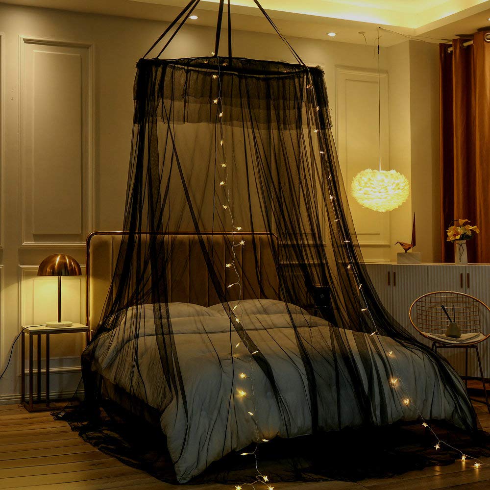 N G Bed Canopy Mosquito Net - Princess Elegant Lace Round Sheer Mesh Bed Curtains - Princess Canopy Dome Bedding Net for Twin Full Queen King Size (Black)