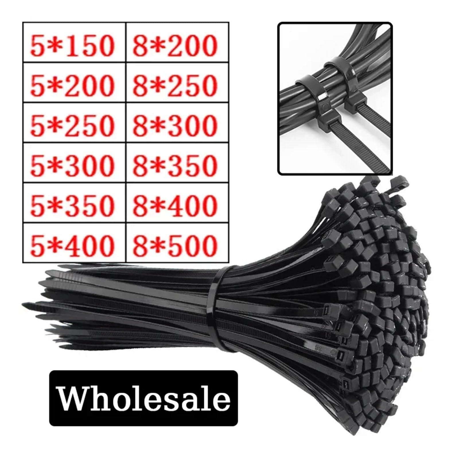Bridas Plastico Brida de nailon autoblocante de plástico, 5200 mm, 5300 mm, anillo de sujeción de cable negro, 8 x 500 mm, correa de envoltura de cable grande con cremallera(8x400mm)