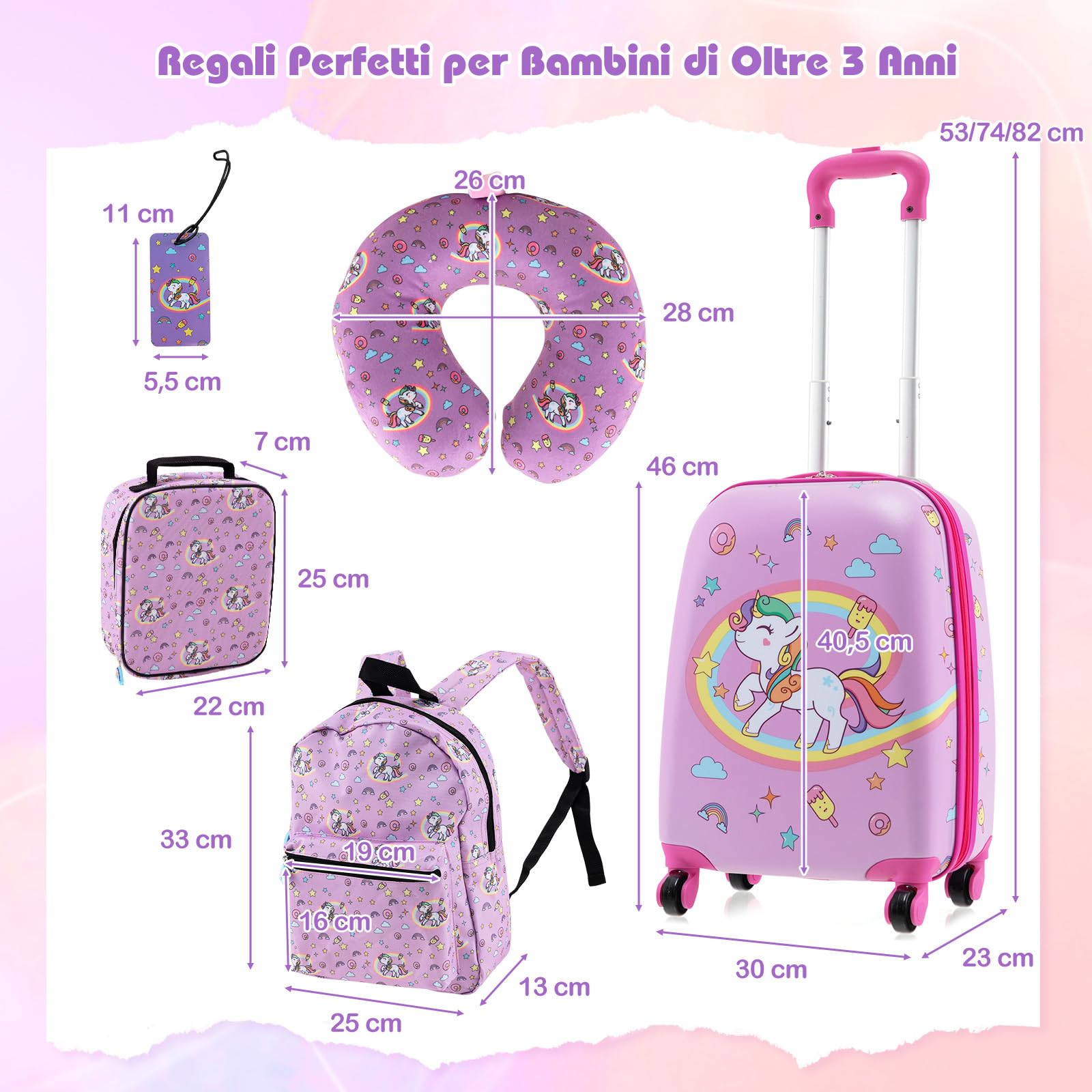 COSTWAY 5 Pezzi Valigia per Bambini, Valigia con ManicoTelescopico da 16" con 13" Zainetto, Cuscino per Il Collo, Etichetta per Bagaglio, Borsa per Il Pranzo, con Ruote Girevoli a 360 ° (Modello 1)