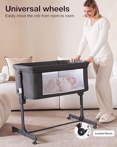 Miniatura 4 de Larex Cuna para bebé, cuna 3 en 1, cuna portátil ajustable de 7 alturas con colchón y ruedas móviles, colchón transpirable y malla (gris oscuro)