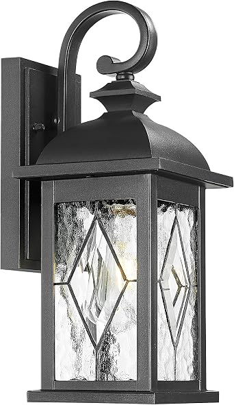 Outdoor Wall Lights Black Exterior Lighting Fixtures with Clear Water Ripper Glass 15 Inch Height Exterior Wall Sconce Light fixtures for House Porch and Garage E26 Socket