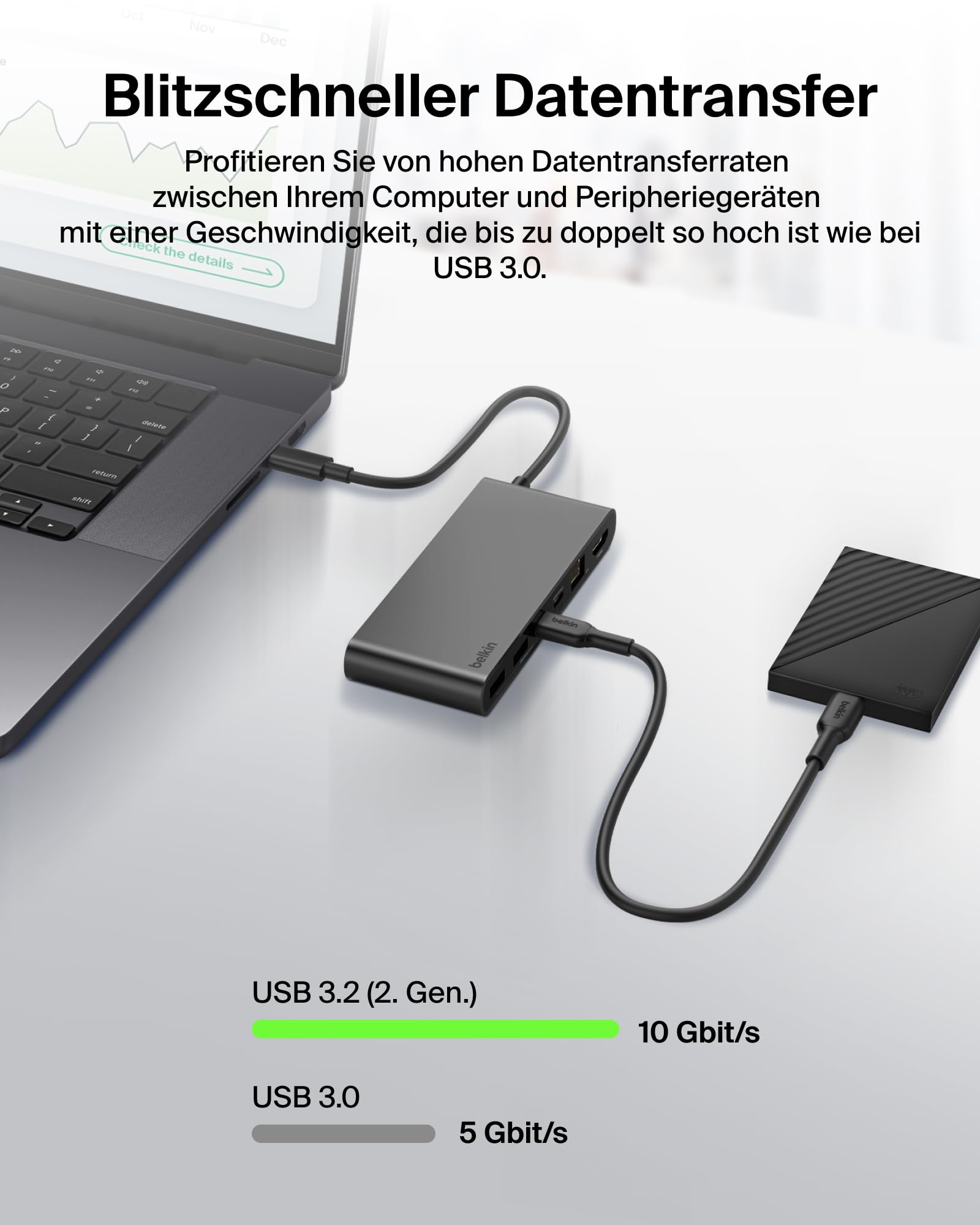 Belkin Connect 8-in-1 USB C Hub, Bildschirmauflösungen bis zu 4K bei 60 Hz – geeignet für Mac-, Windows- und Chromebook-Laptops; 100 W PD; Datentransfer mit 10 Gbit/s; 2,5-Gbit/s Ethernet – Grau