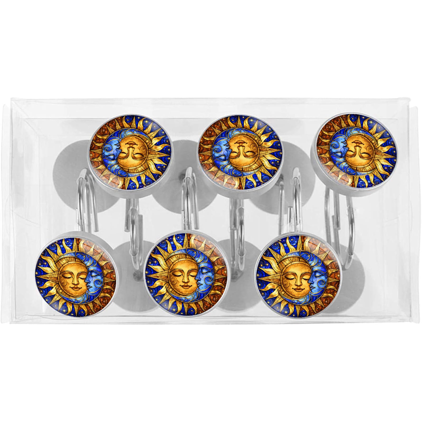 Lot de 12 crochets pour rideau de douche en vitrail Soleil et lune | Crochets décoratifs en métal antirouille pour tringles à rideaux