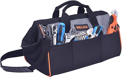 Miniatura 4 de MEIJIA Bolsa de herramientas portátil de boca ancha abierta con múltiples compartimentos, resistente con parte inferior de tablero de polietileno