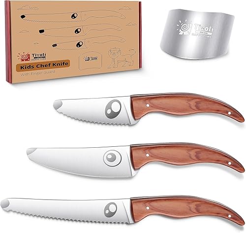 TIVOLI Juego de cuchillos para niños para cocina real, cuchillos de cocina para niños, 4 piezas, cuchillos de seguridad de acero inoxidable con