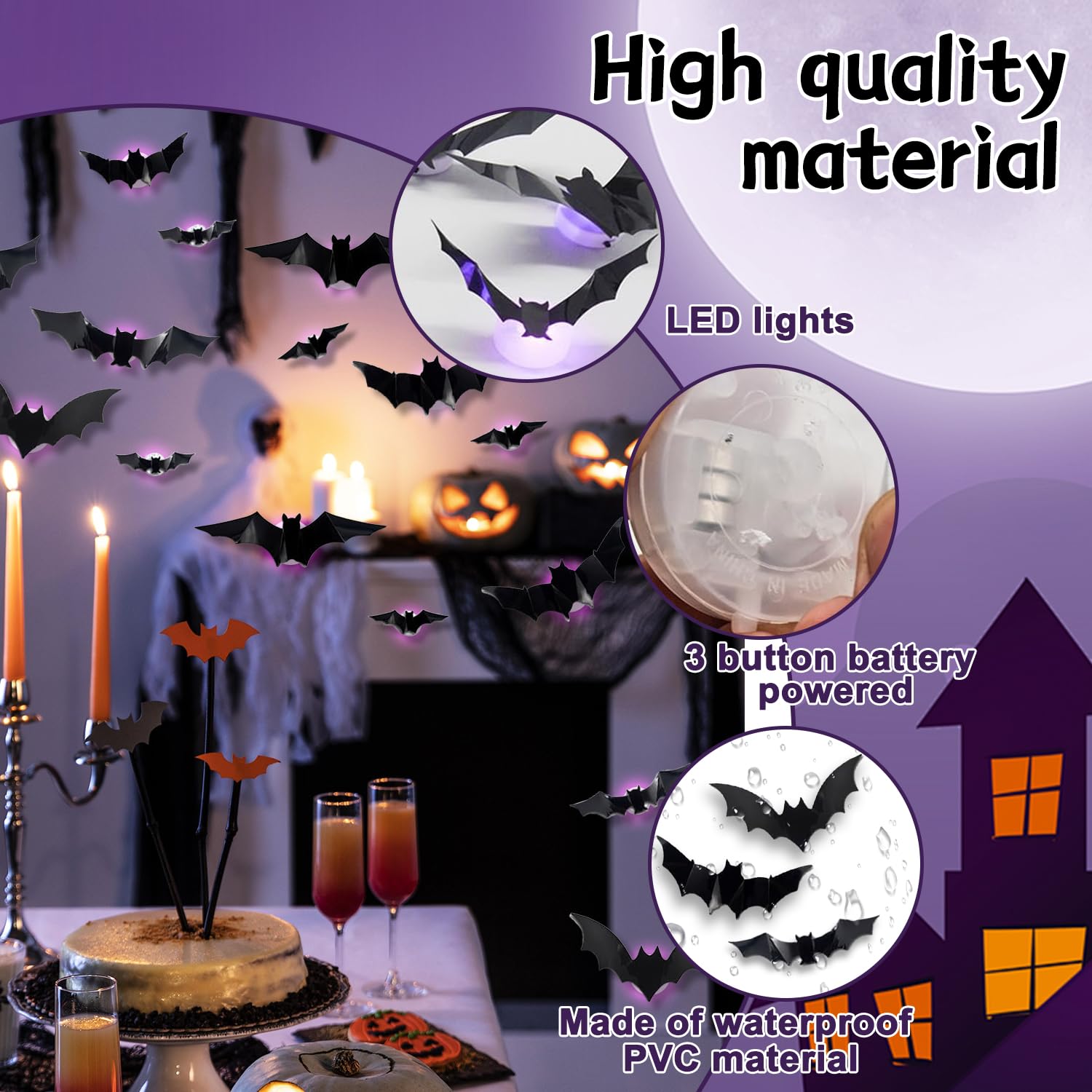 Horreur Chauve Souris Stickers Muraux, 24 Pièces 3D Chauve