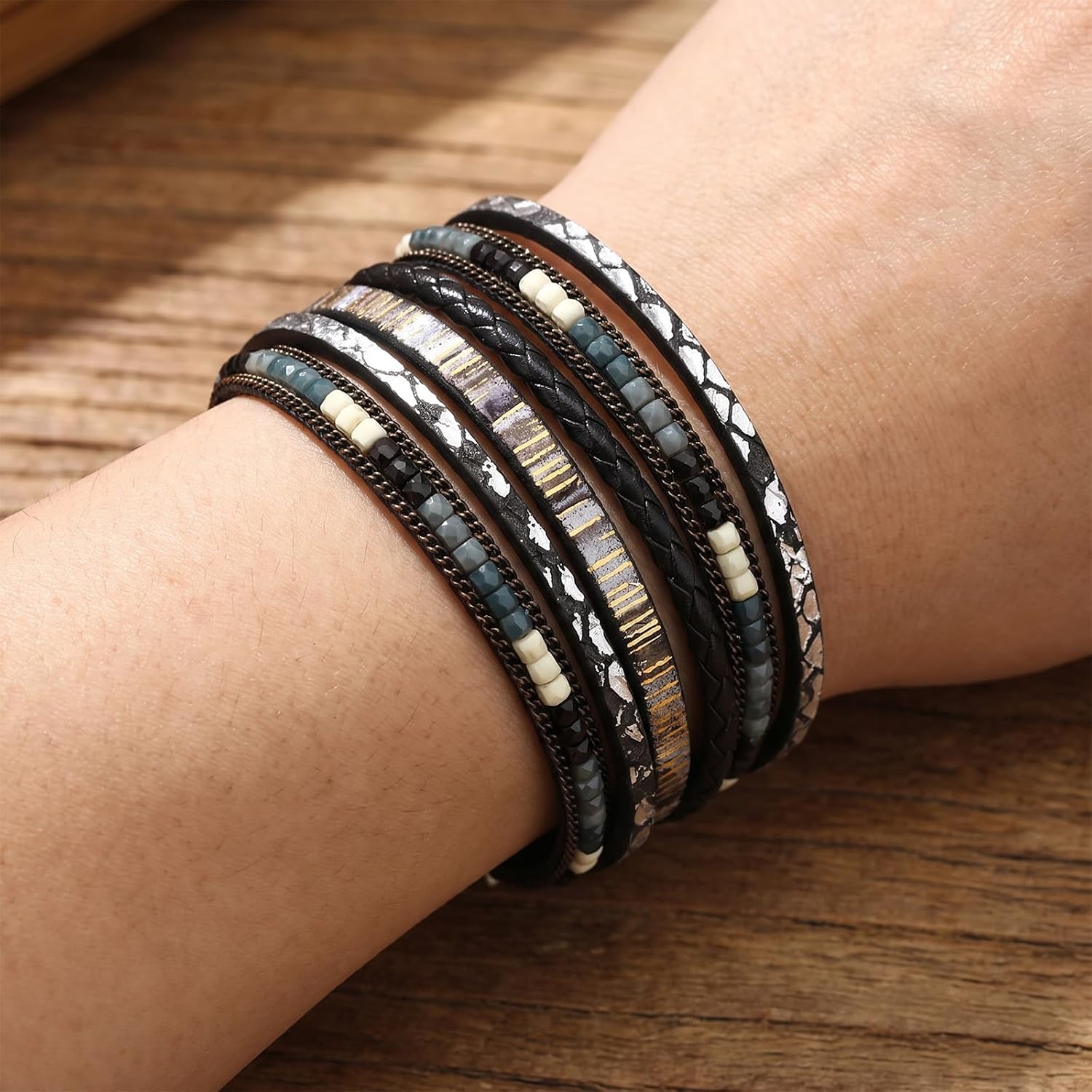 72ore Leather Wrap Bracelet for Women Men Boho Western Layered Braided Cuff Bracelet Casual Jewelry Gift Accessory