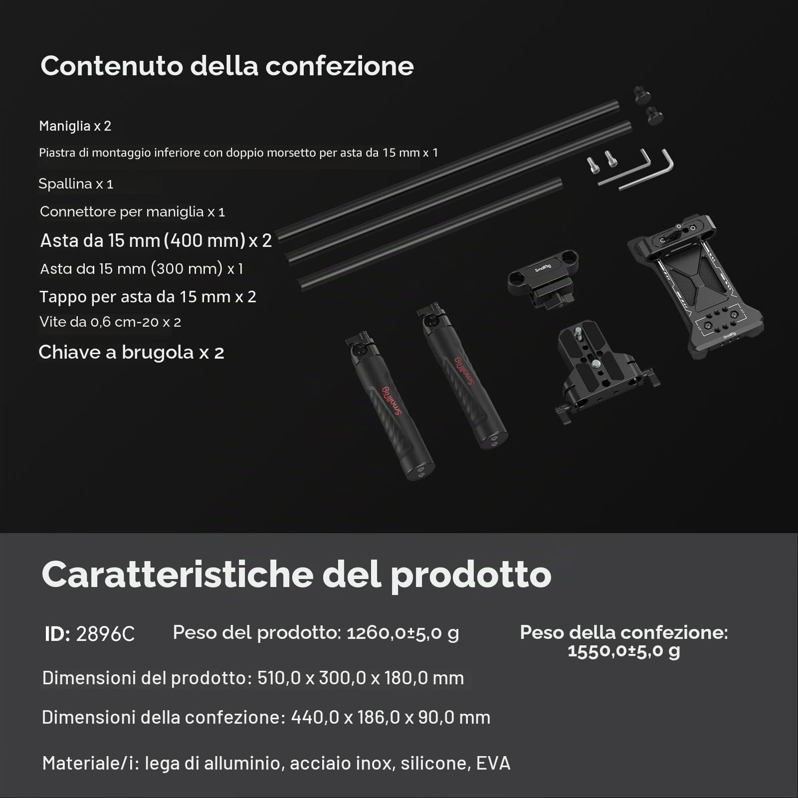 SMALLRIG Kit di supporto universale da spalla per fotocamera, 40 cm, asta di supporto da 15 mm, stabilizzatore per fotocamera DSLR, per filmmaking - 2896C