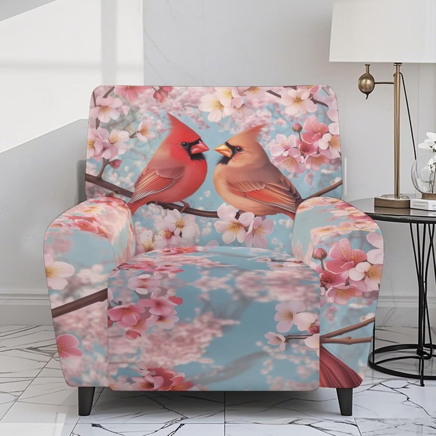 Cardinal Bird Pink Cherry Flower Print Stretch Recliner Slipcover Single Reclining Cover with Pocket for Lazyboy Recliner Chair 4 Pcs Furniture Protector