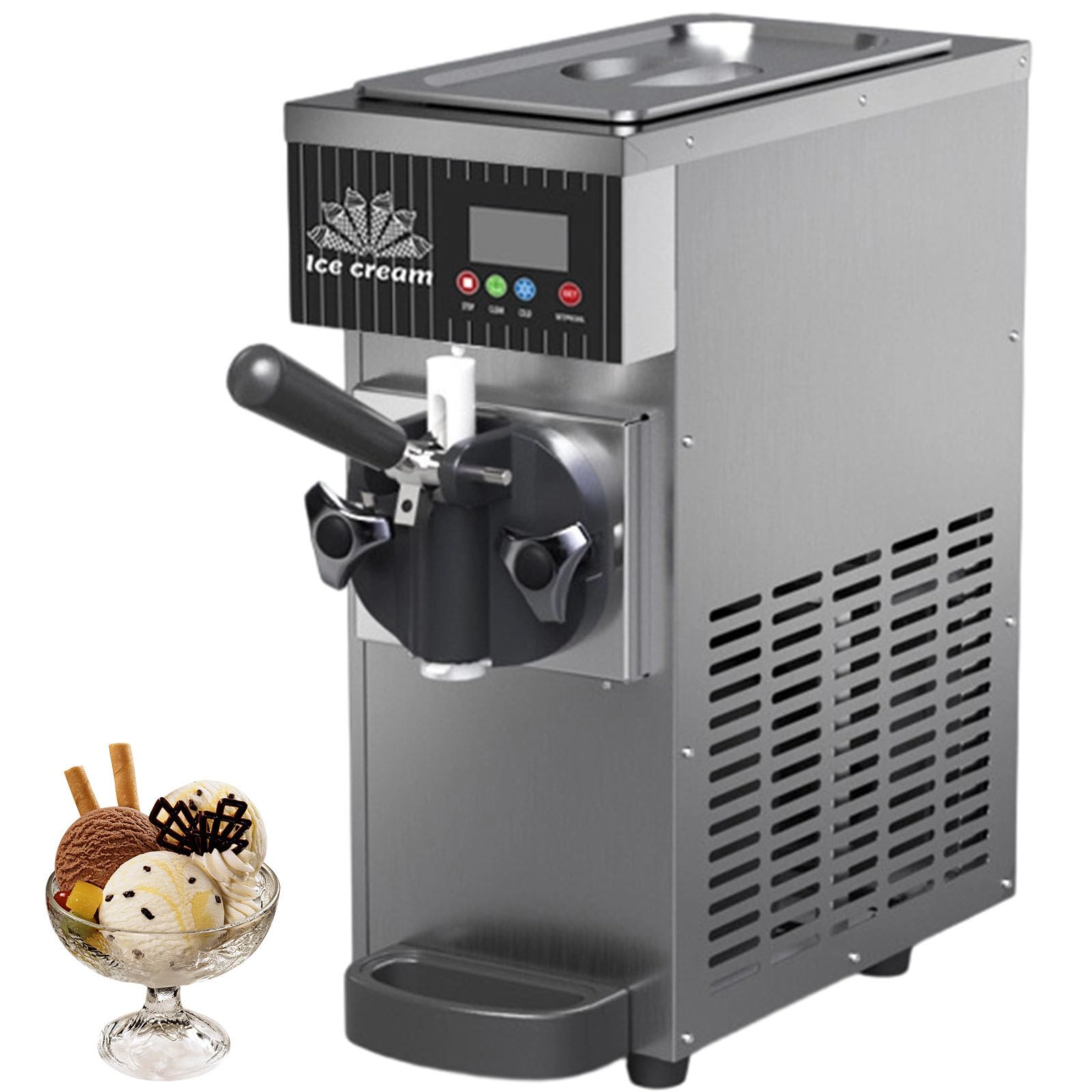 Máquina de helado de servicio suave para encimera, máquina de helado comercial de 4 a 5 kg/h, con preenfriamiento, limpieza automática, panel LCD, máquina de helado suave de un solo sabor para el