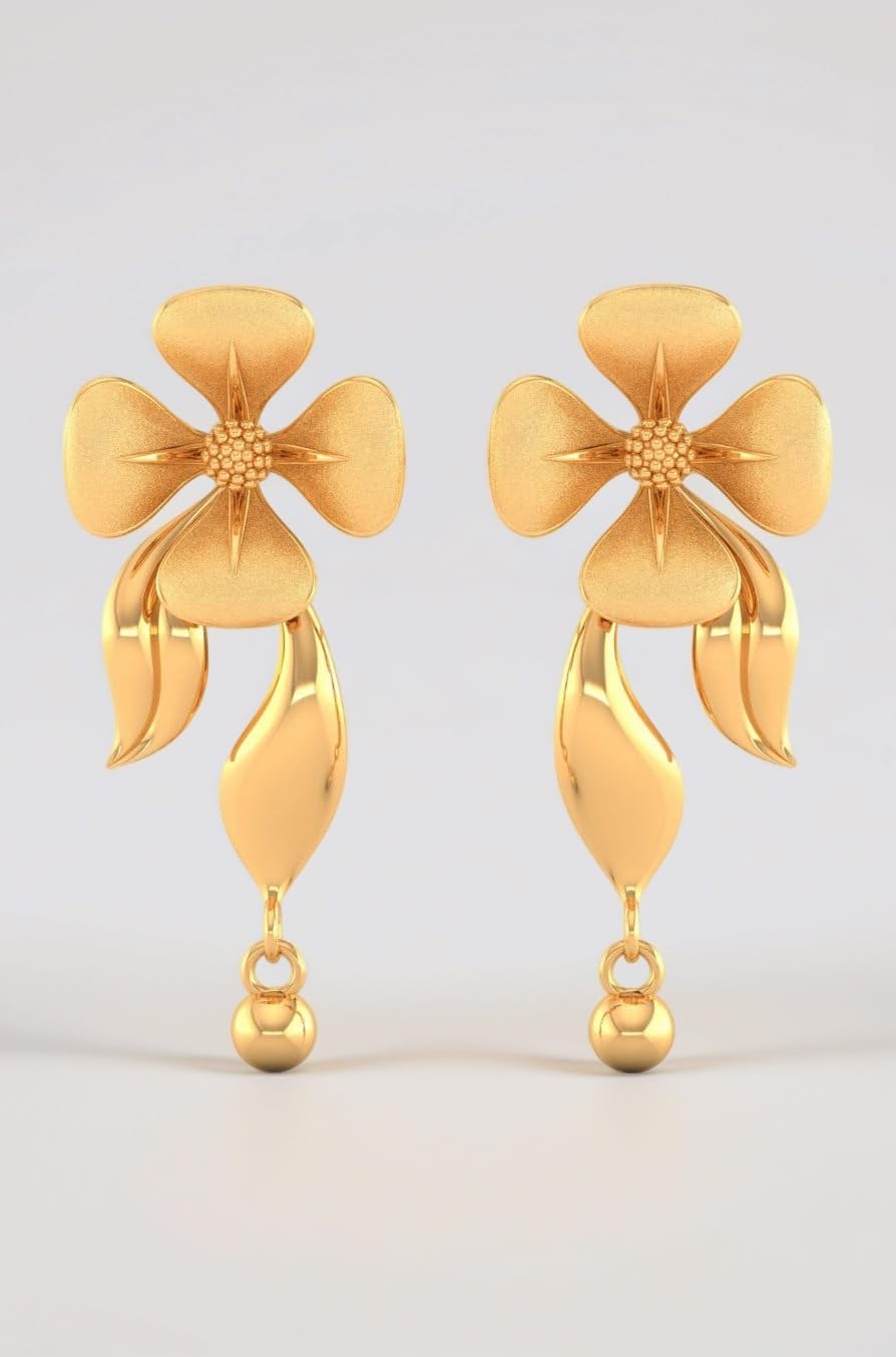 P.C. Chandra Jewellers Womens 22KT (916) Yellow Gold Dangle Drop Earrings With Flower Motif And Playful Ball Drop - 1.1 Grams
