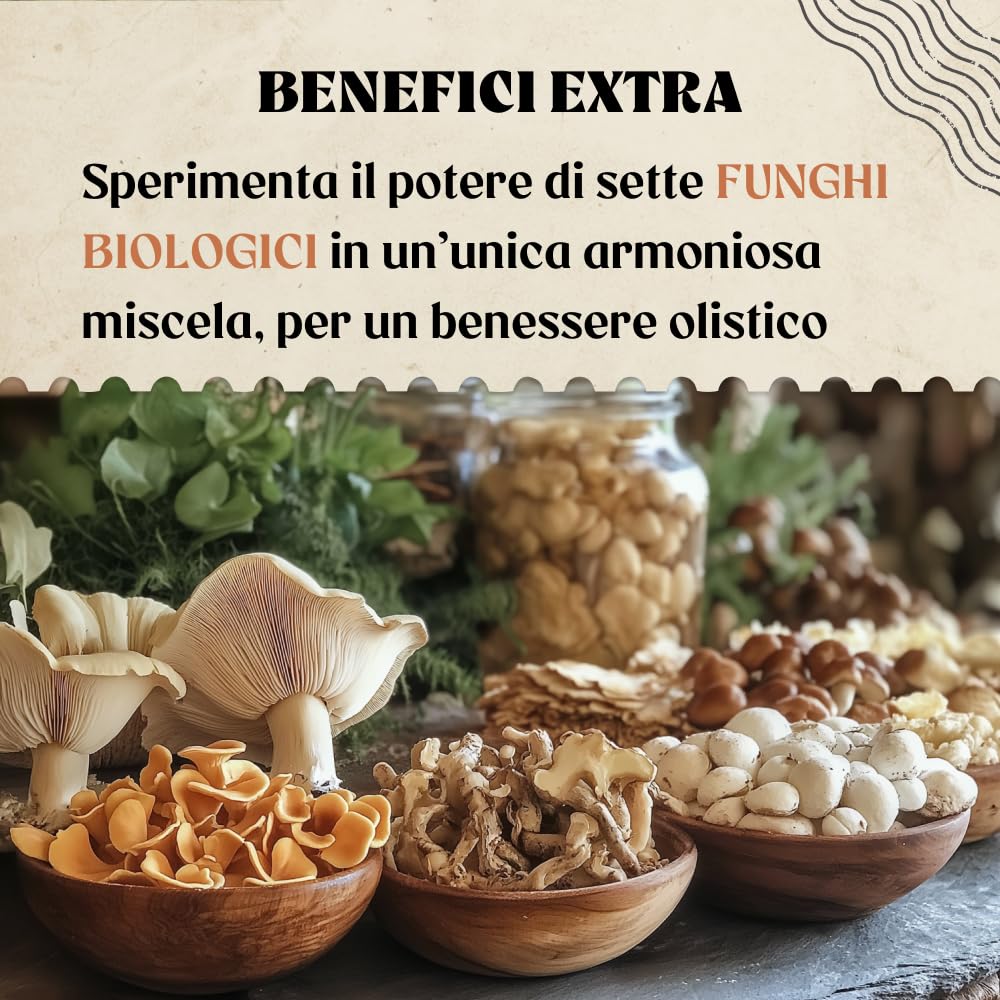 NaturaleBio Miscela di funghi in polvere 200g. Aumenta l'energia, favorisce la concentrazione, supporta l'intestino e il sistema immunitario. Bio, vegano, senza glutine e non OGM. Facile da consumare.
