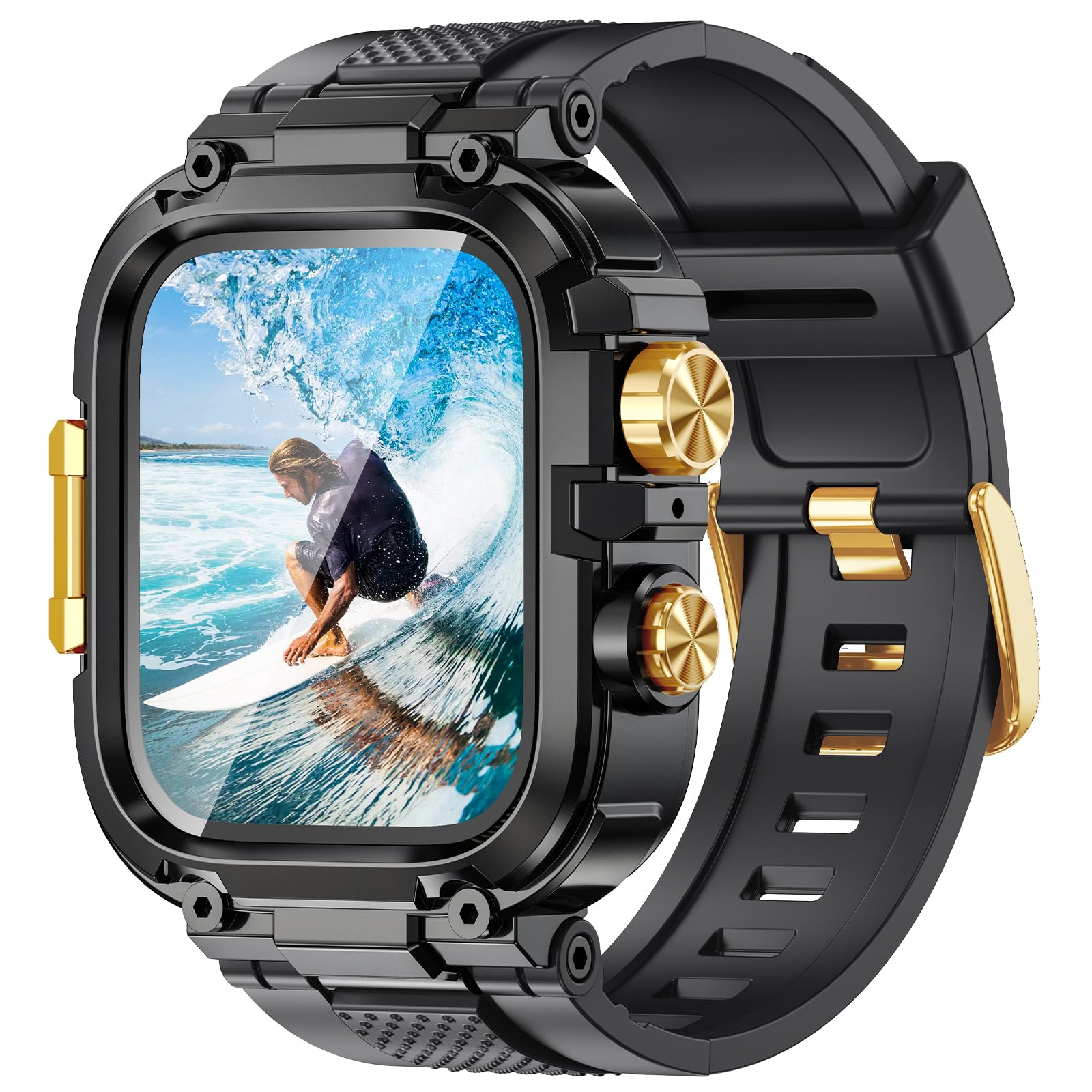 Goton IP68 Waterproof Rugged Band for Apple Watch 46mm/45mm/44mm with Case build-in Screen Protector – Heavy Duty Sport Strap Compatible with iWatch