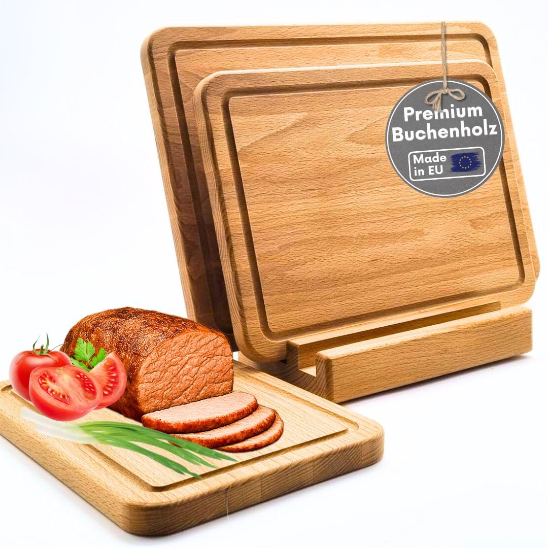 Premium Schneidebrett Set Buche 3-teilig mit Halter Saftrille Holz geölt | Massives Buchenholz, lebensmittelecht, drei Größen 27/30/40 cm , stabile 1,8 cm Stärke, natürliche Holzoptik, Servierbrett