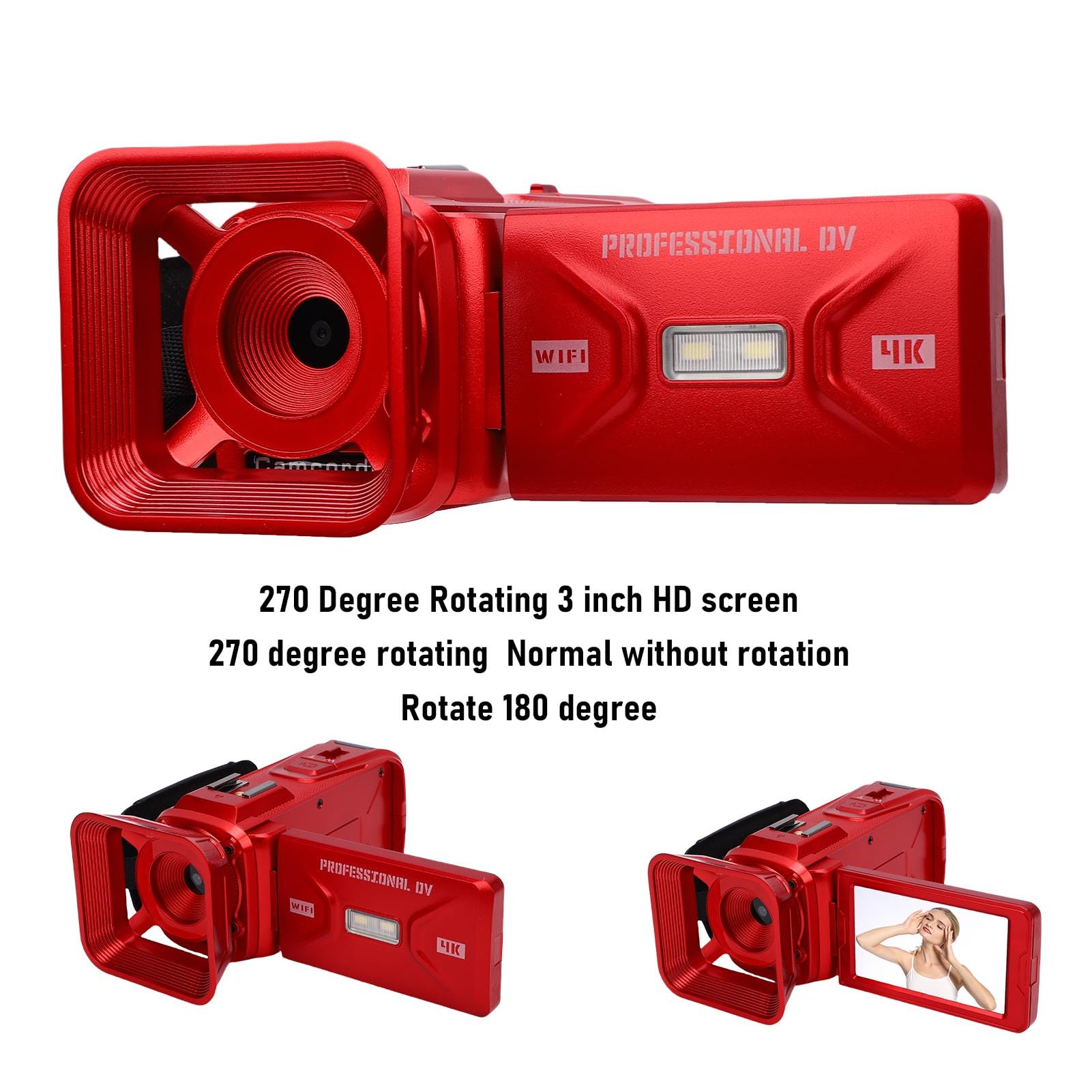 Kamera Wideo 4K, Kamera WiFi 64 MP z Obrotowym Ekranem 3,0 Cala, Stabilizacja Obrazu z 18-krotnym Zoomem Cyfrowym, do Nagrywania w Szkole Weselnej w Podróży (czerwony)