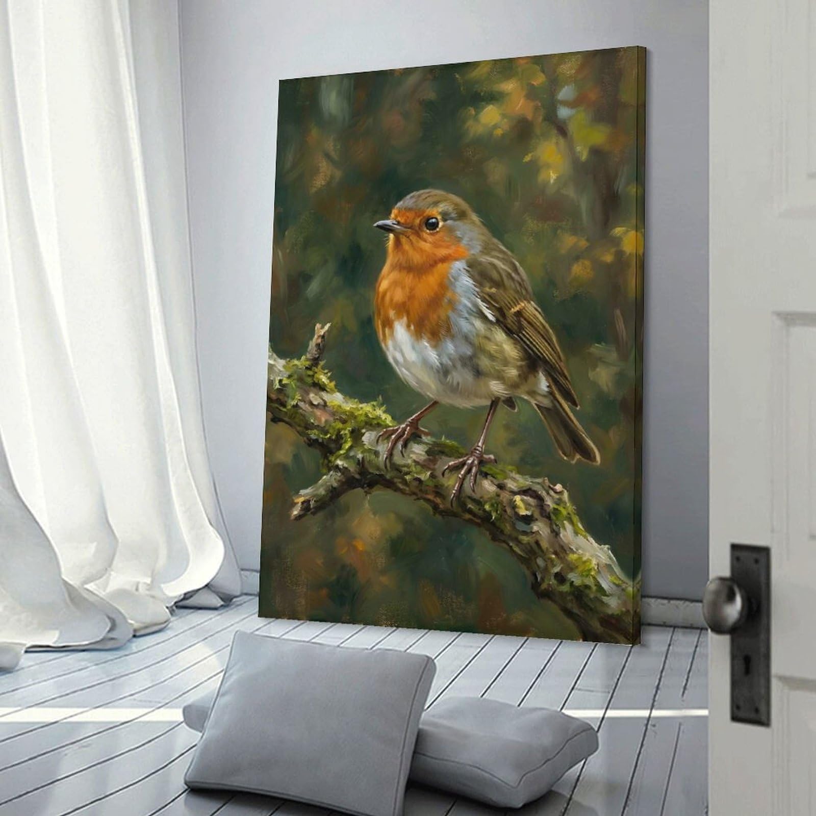 Junmoney Frame-Style-20 Robin Perched On A Mossy Branch Hanging Wall Art, 20X30inch(50X75cm), For Entrance Walls, Hall Decor Or Foyers, Wall Decor To Refresh Empty Corners