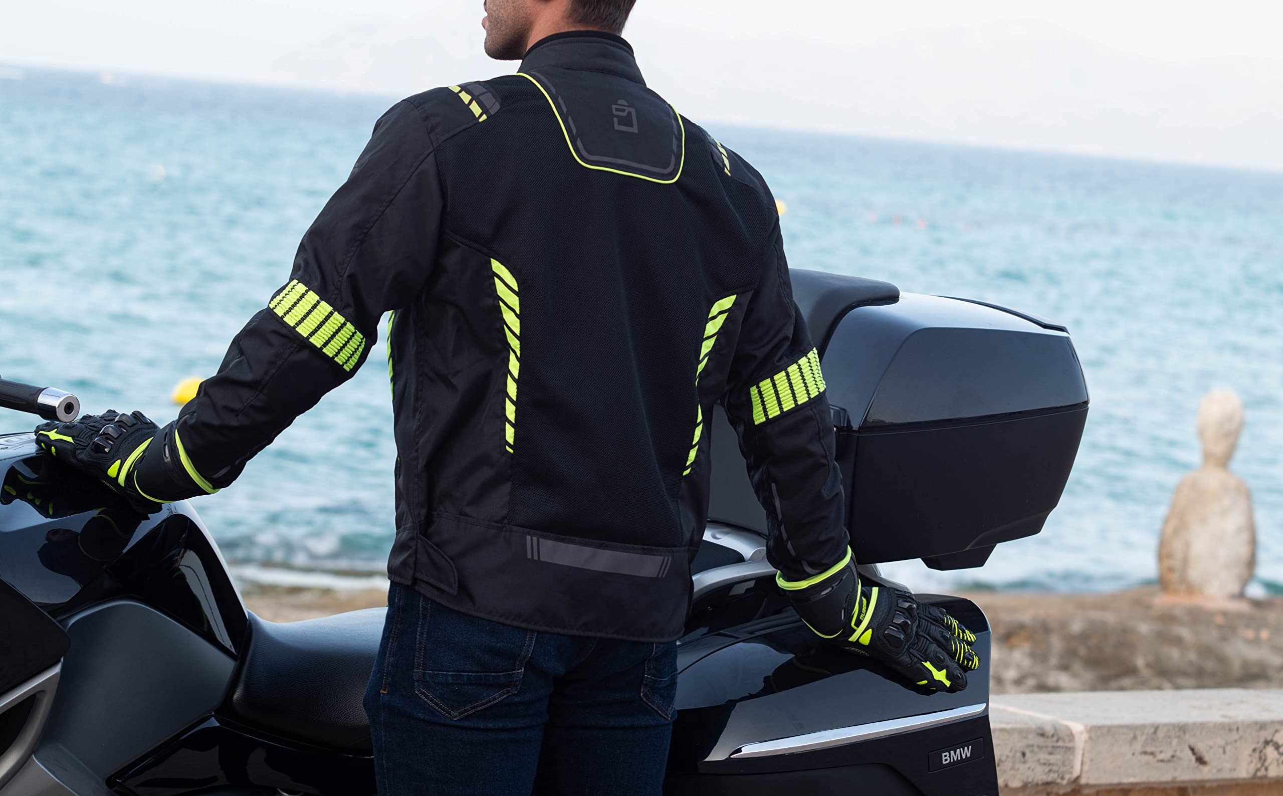 BREEZE EVO | Kurtka motocyklowa męska z ochroną - Oddychająca kurtka przeciwdeszczowa z wentylacją - Odzież motocyklowa - Kurtka Motera - Rozmiary (S-6XL), Czarny Fluor, 4XL