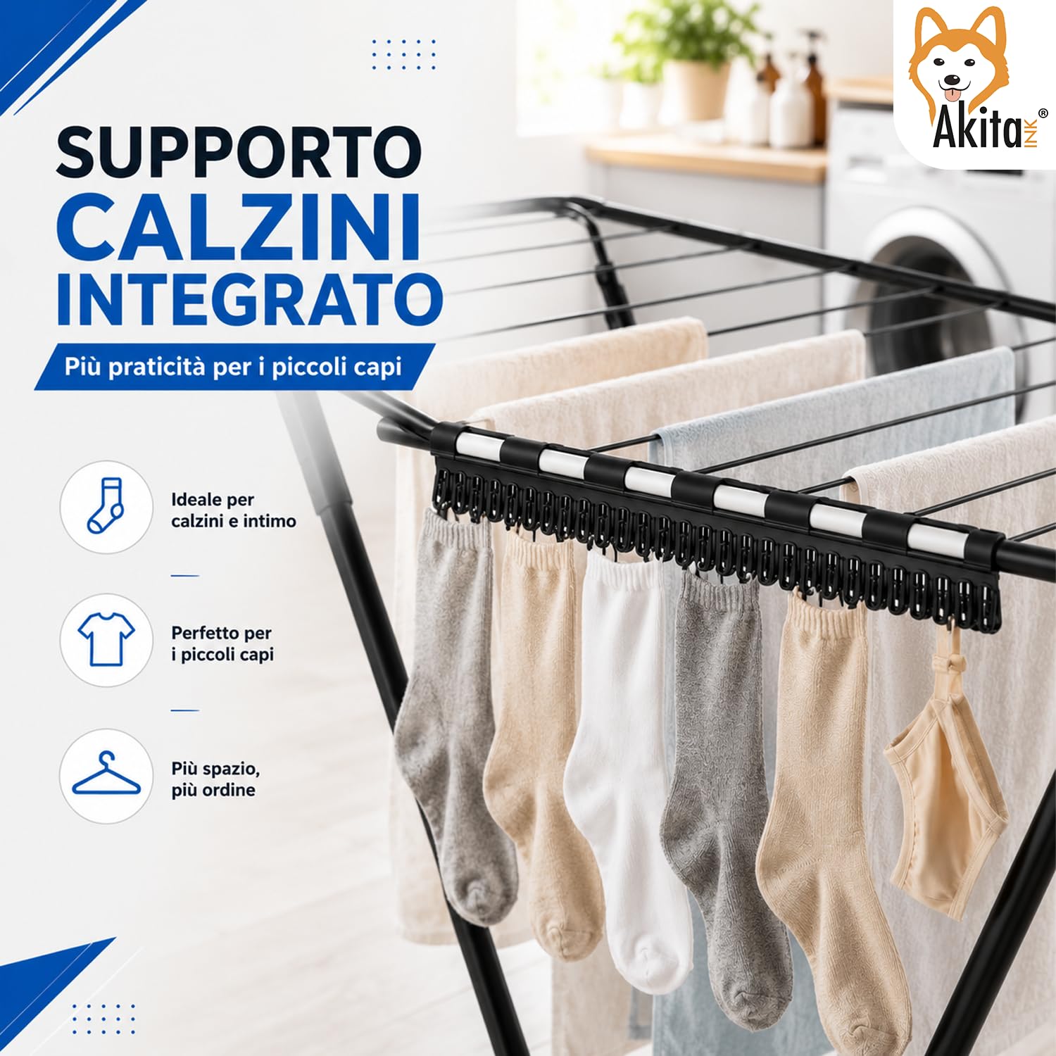 AKITAInk Stendibiancheria WINGSLUX Nero da Pavimento, 18 m di Stenditura, Pieghevole in Acciaio con Supporto Calzini e Piedini Antiscivolo