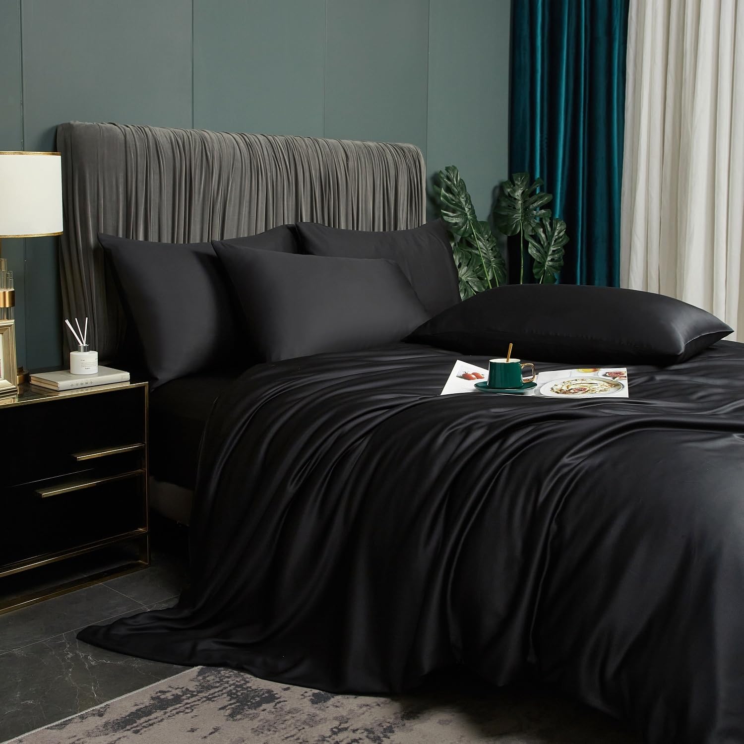 Ropa de cama de verano de 200 x 200 cm, color negro, liso y liso, juego de cama de bambú suave, suave y transpirable, funda nórdica de lujo con cremallera y 2 fundas de almohada de 80 x 80 cm