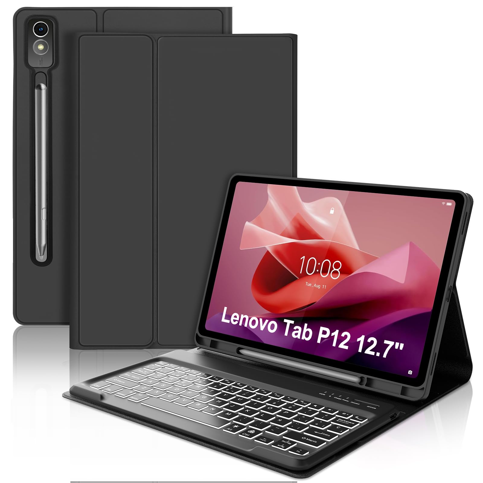 FOGARI Teclado para Lenovo Tab P12 12.7" 2023 | Español Ñ Teclado Bluetooth Retroiluminado Desmontable para Lenovo Tab P12 12.7 TB-370FU, Negro