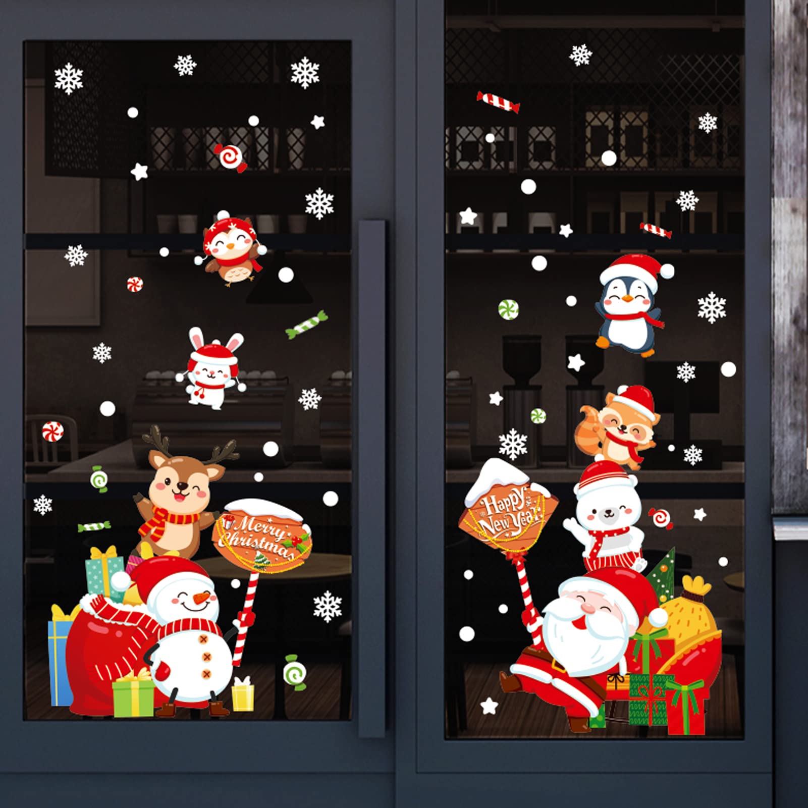 Fassory Mid-Large Christmas Window Stickers, Reusable Double-Sides Static Cling Window Decals for Home Shop Office Christmas Decorations Santa Snowman (Candy)