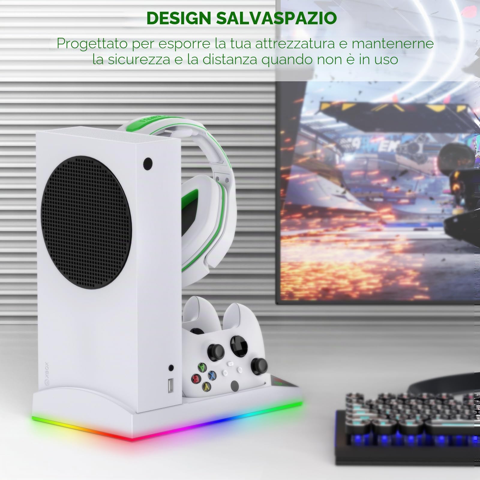 FYOUNG Upgrade - Supporto per ventola di raffreddamento RGB per console Xbox Series S con 15 luci colorate, Dual Controller stazione di ricarica per Xbox Series S, accessori con 2 batterie