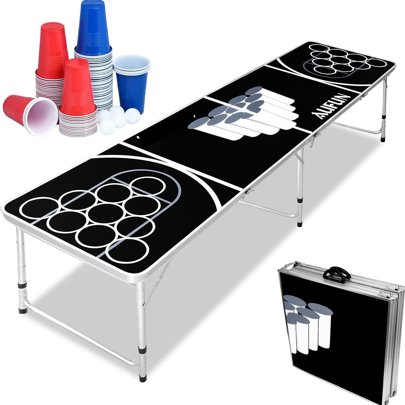 LZQ Stół Beer Pong Beer Pong z regulacją wysokości składane gry imprezowe gry picie wraz z 5 piłkami i 100 kubkami w kolorze czerwonym i niebieskim (po 50 szt.) odporny na zadrapania i wodę