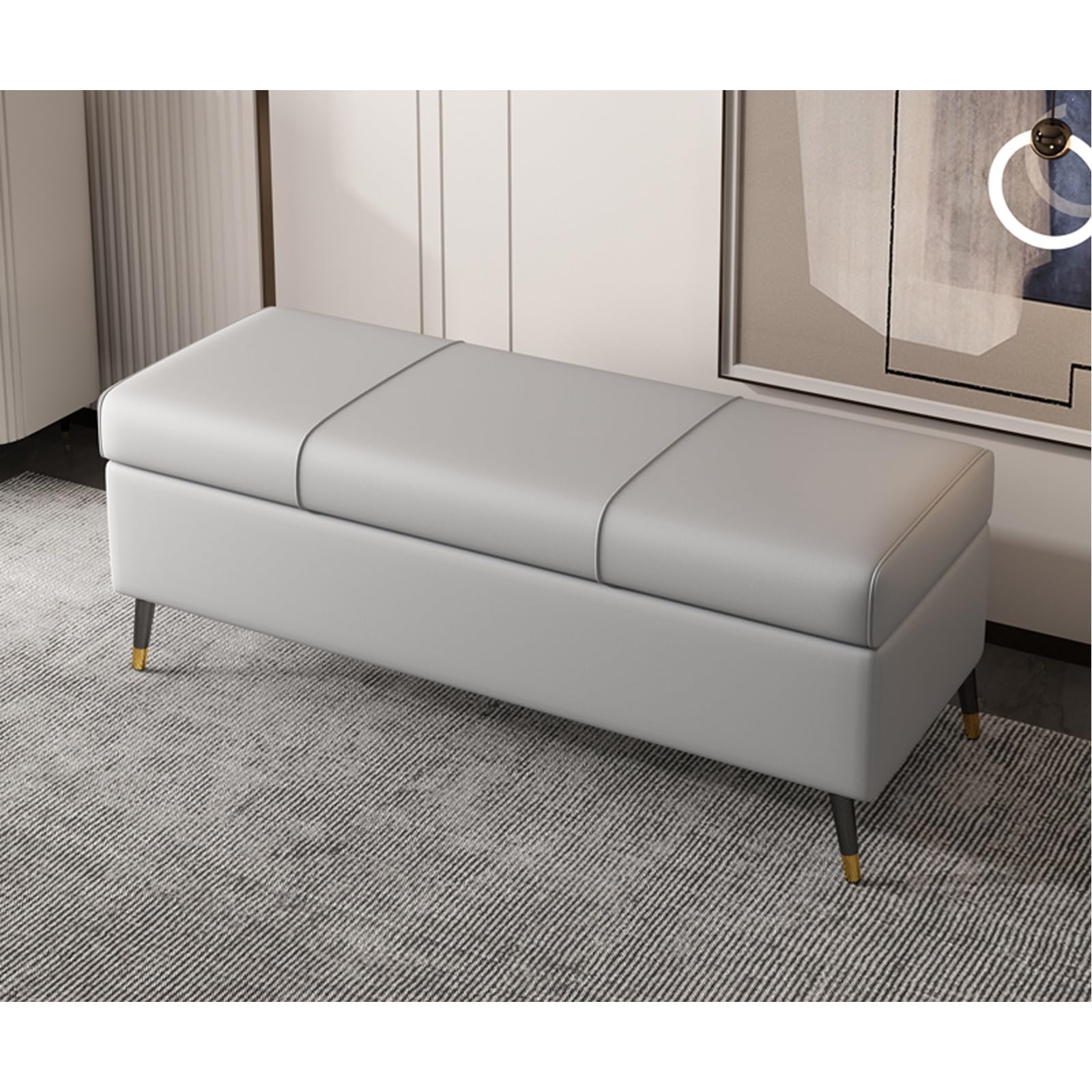 LUUYYI Otomana extra larga de piel sintética blanca con almacenamiento, elegante mueble rectangular de piel sintética para sala de estar y dormitorio, ideal para pies de cama S (gris-a-140 cm)