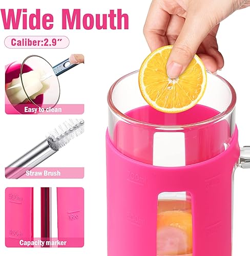 Miniatura 4 de Kodrine Vaso de vidrio de 24 onzas con asa, taza de café helado, taza de batido Boba, tapa de bambú, vaso para oficina en casa, color rojo rosa