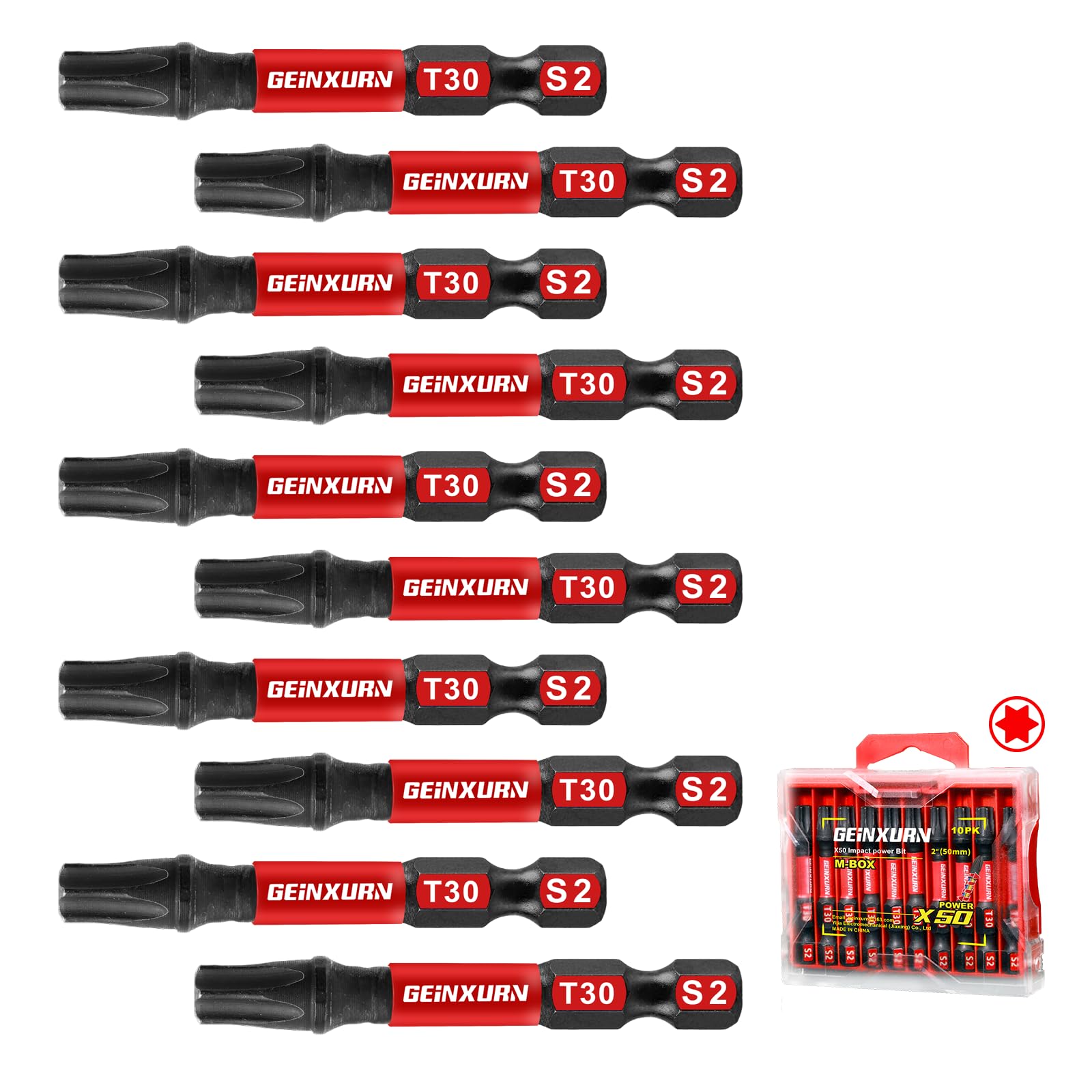 Geinxurn 10Pieces 2 In. T30 Impact Tough Magnetic Screwdriver Bit Set, #30 Torx Head Power Bits, S2 Alloy Steel Star Bits with Storage M-Box