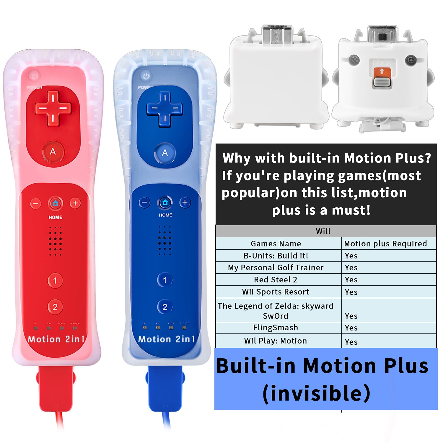 DTianSir 2Pack Motion Plus Wii Remote Controllers with Nunchucks,Wii Remote Controllers with Built in Motion Plus Compatible for Wii U Consoles(BlueRed) [video game] - Image 4