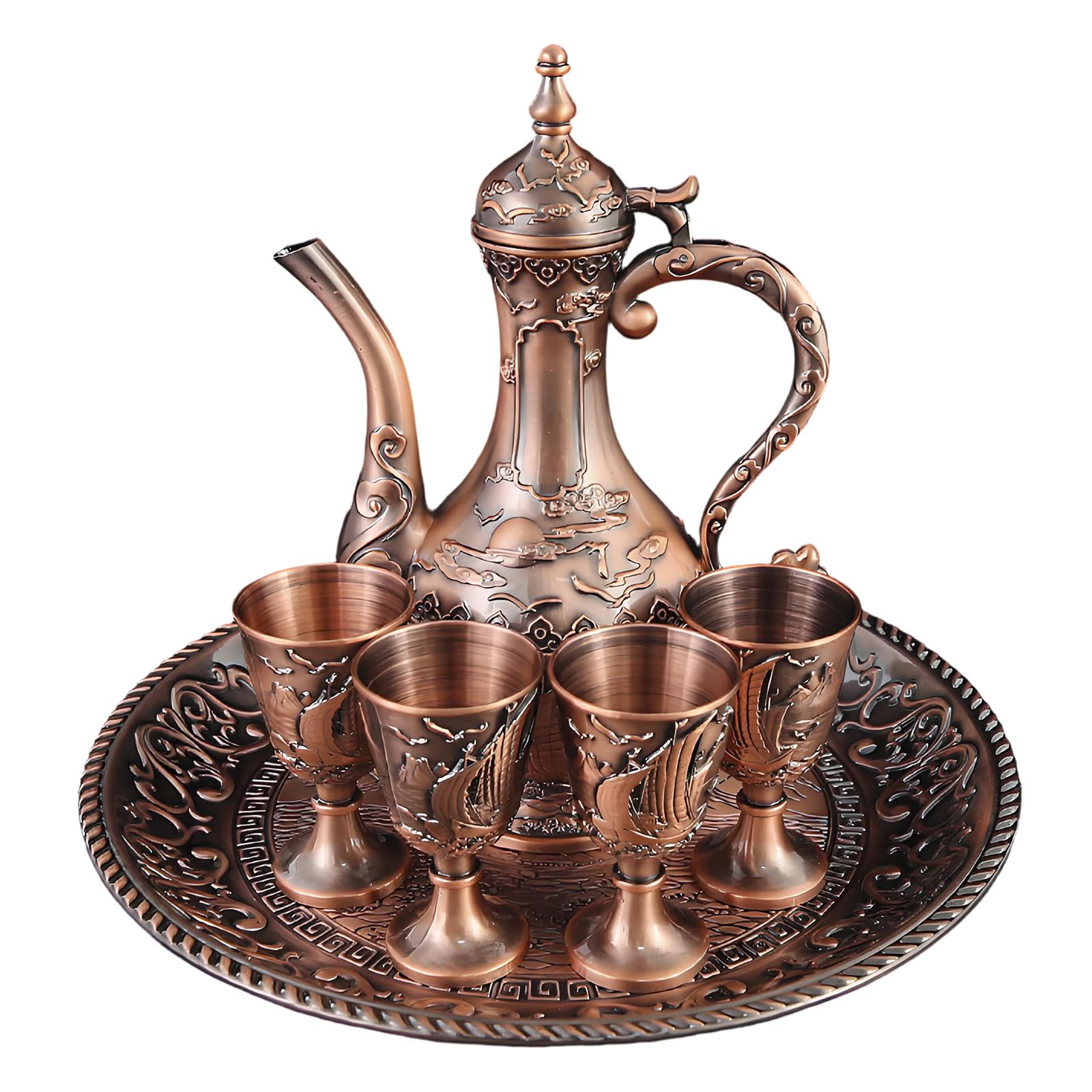 Shntig B Ornate Zinc Alloy Wine Pots And Glasses Goblet Cups, Vintage Engraved Metal Serving Vessel For Home Entertaining Display And Anquet Decor Ceremonial Drinkware Pitcher Ornate Wine Pots Vintage Home
