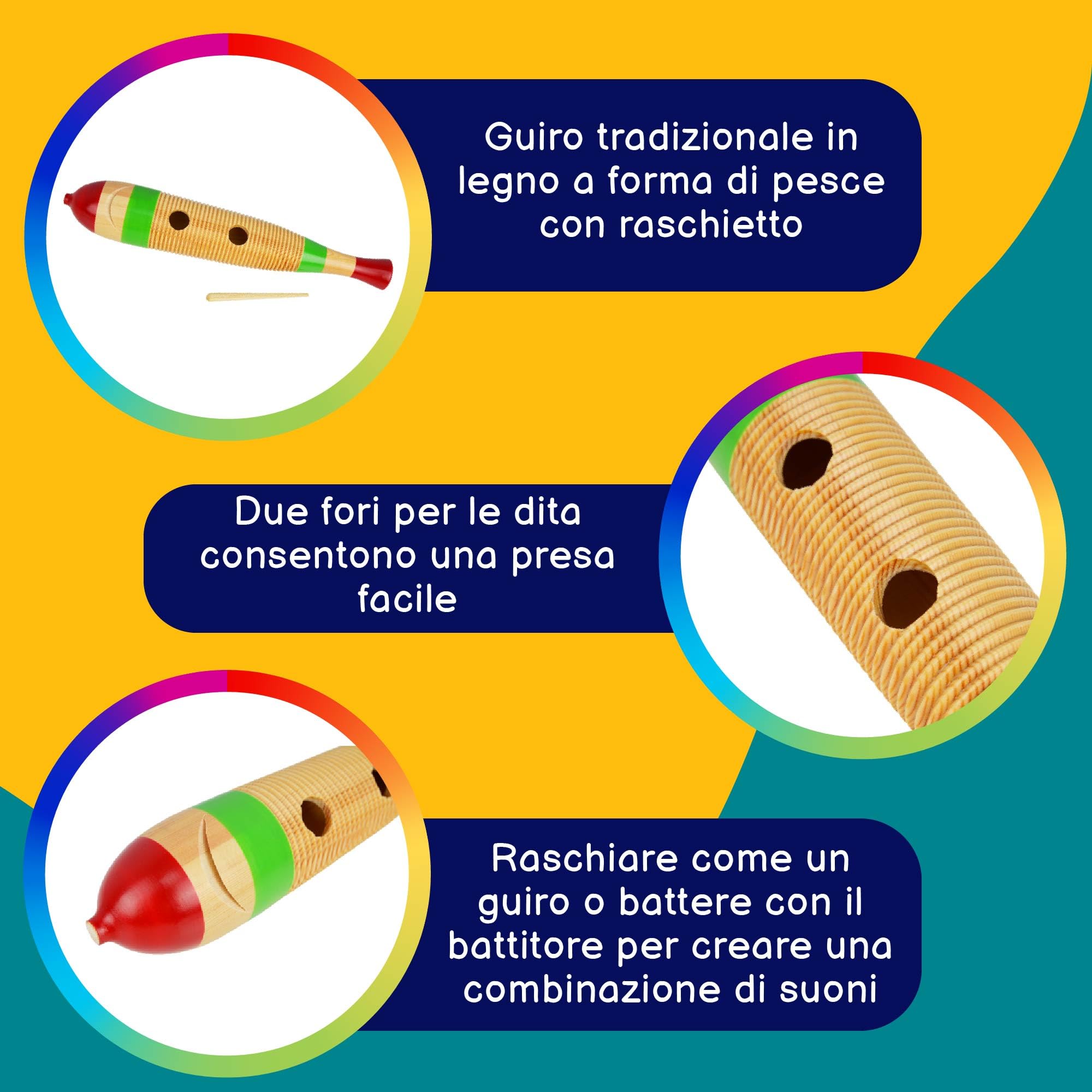 A-Star Raschietto Guiro in legno a forma di pesce grande con battitore, strumento a percussione ritmica