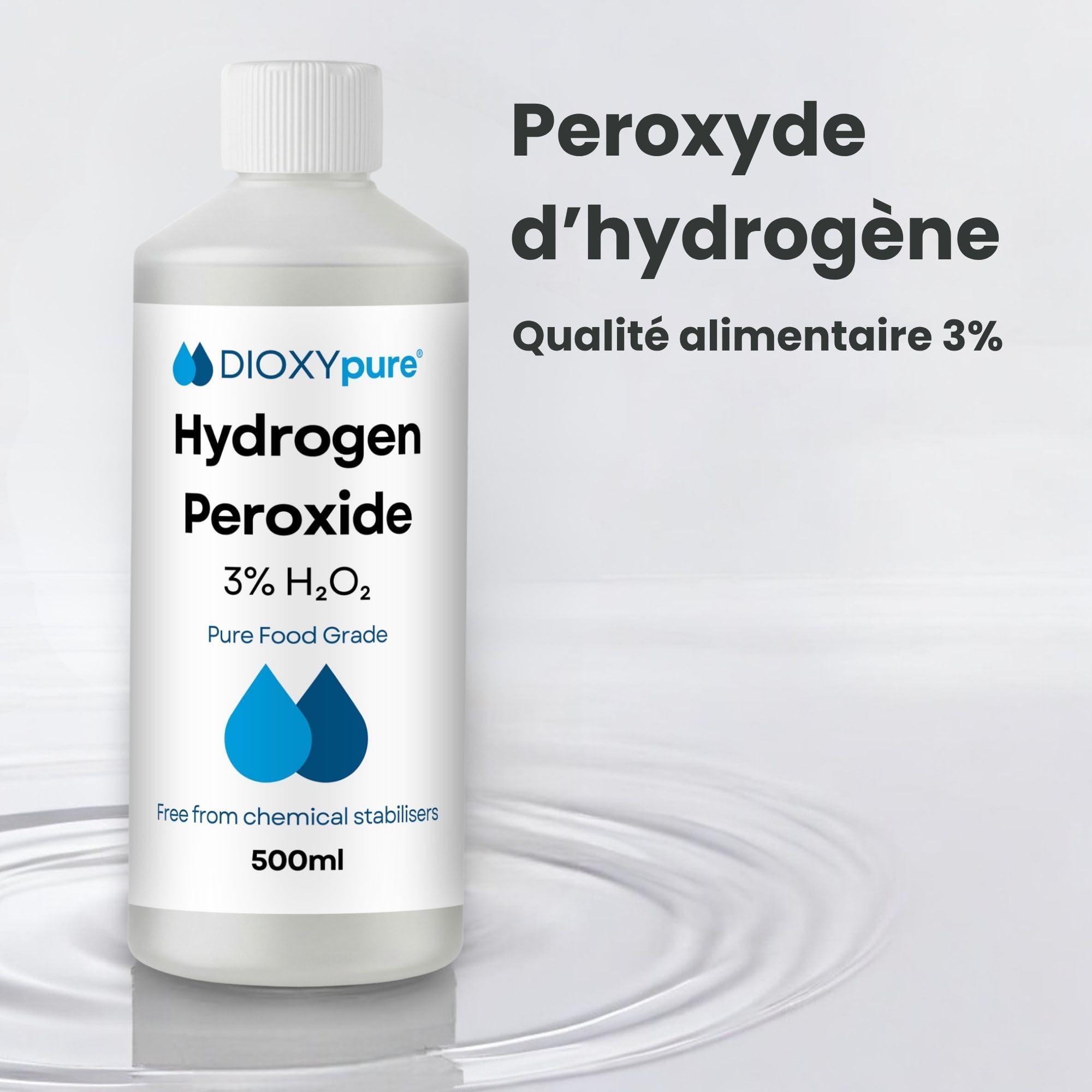 Lot de 2 - Peroxyde d'hydrogène de qualité alimentaire 3% - 500 ml - H2O2 - Eau oxygénée - Sans stabilisateurs ni additifs - Nettoyant naturel multi-usage - Bouchon sécurité enfant