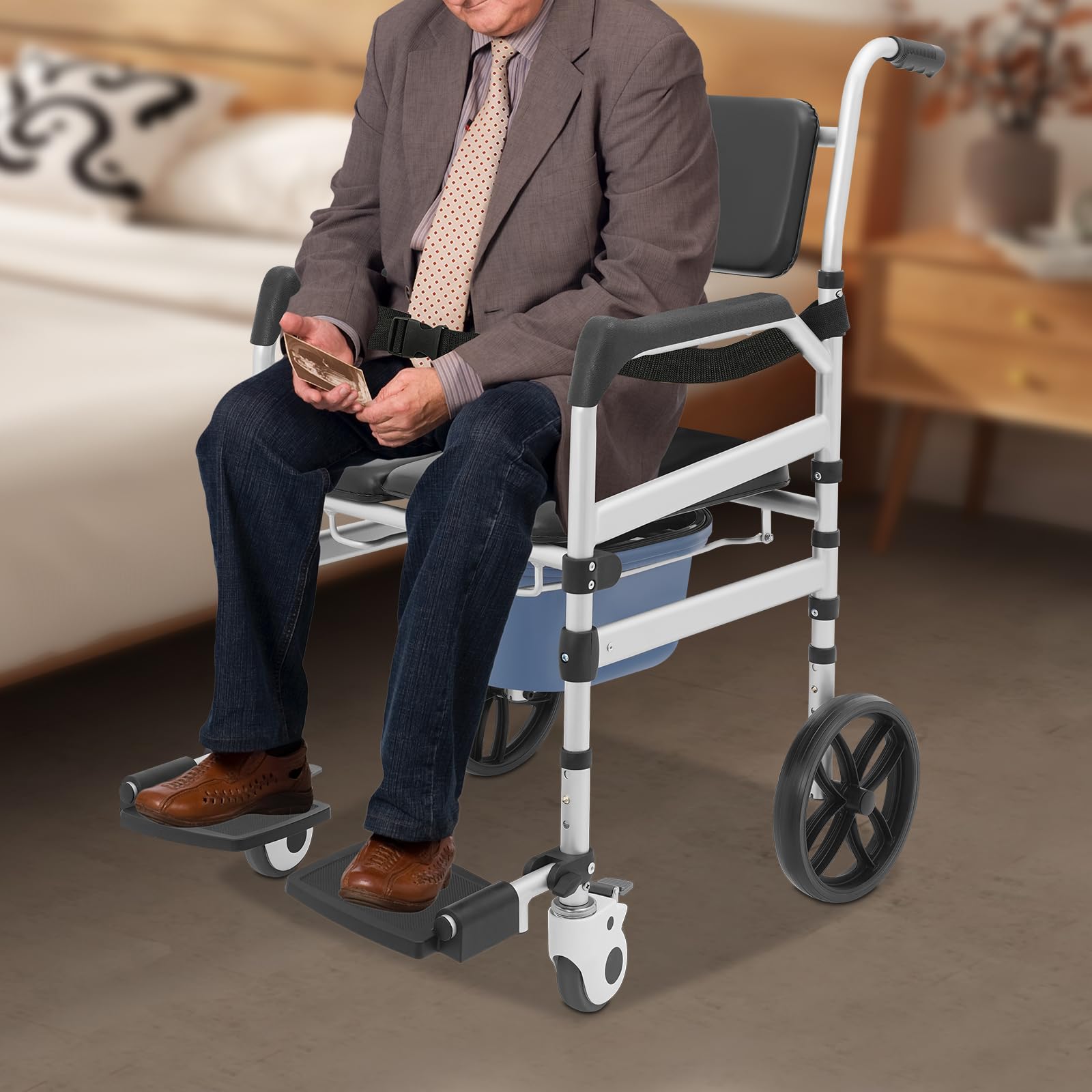 Faltbar Toilettenstuhl aus Aluminium mit Rollen,bis 150 kg belastbar,46-51cm Höhenverstellbar Badezimmerrollstühle,Duschrollstuhl für Senioren und Mobilitätseingeschränkte (U-förmige Platte)