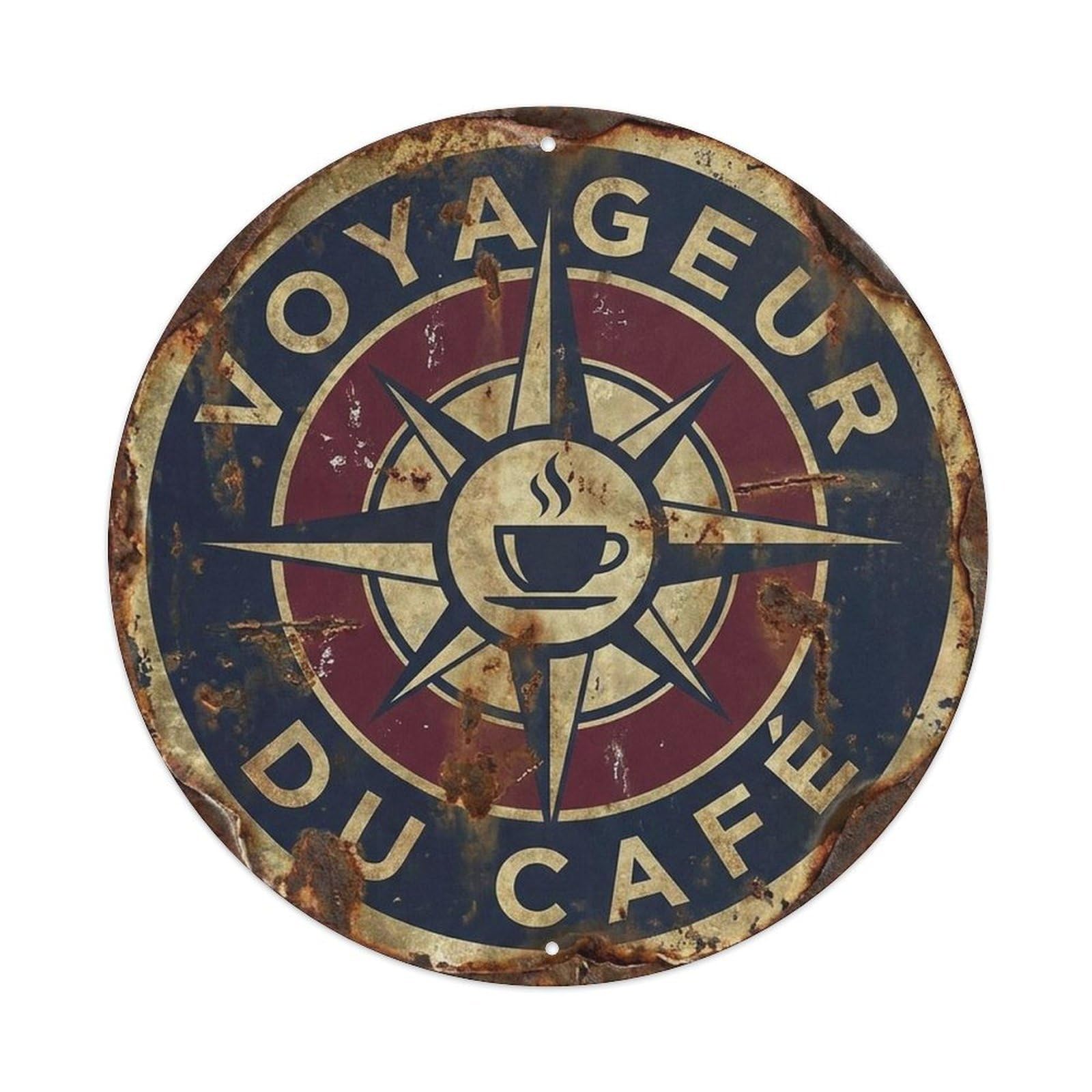 Travel Cup Moka Pot Brew Coffeehouse Compass Espresso Metal Tin Sign Plaque Wall Decor for Cafe, Man Cave, Club Bar, Office, Home Garden Round Metal Poster 8x8Inch